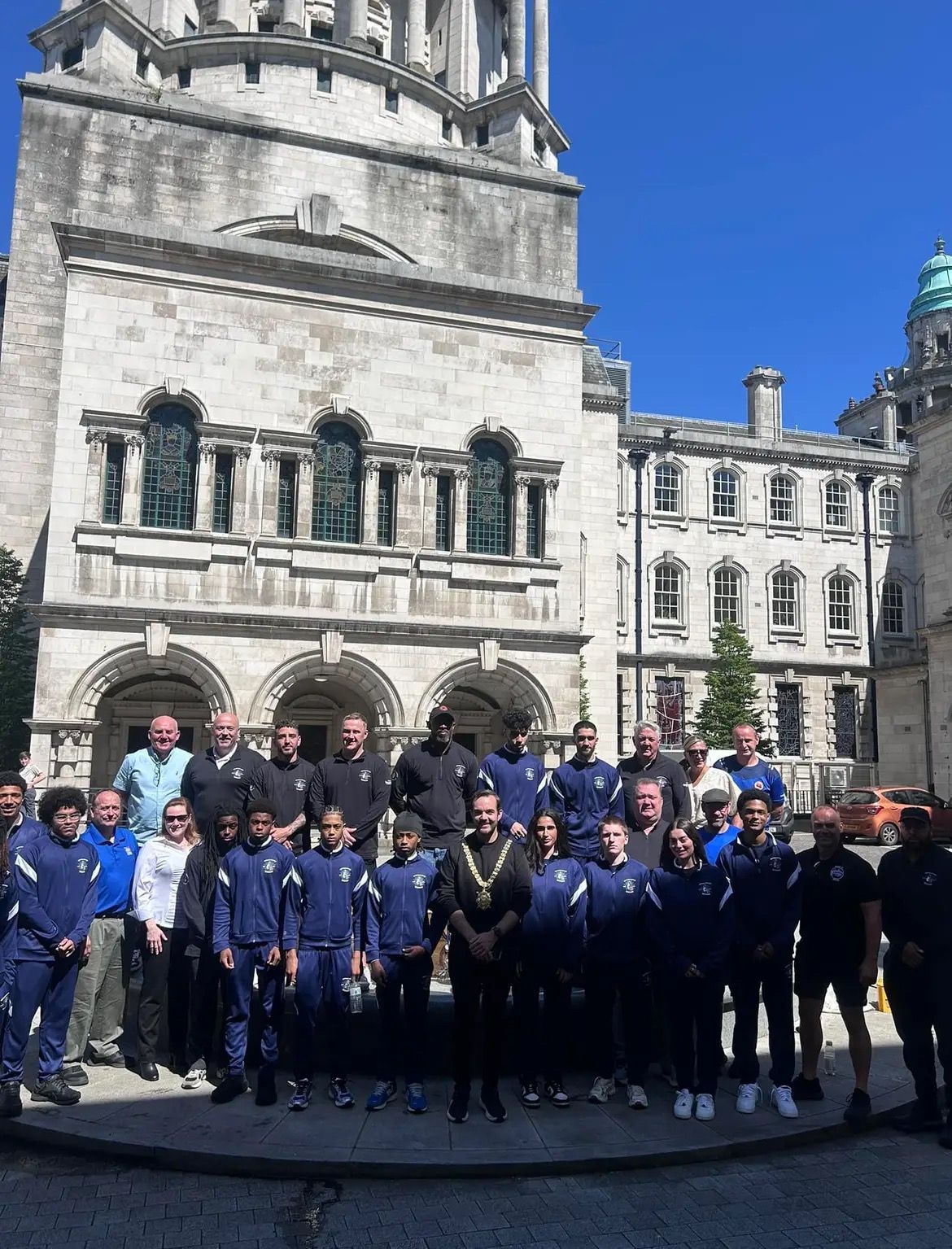 The team from Buffalo and Boston at Belfast City Hall with Mayor, Micky Murray 