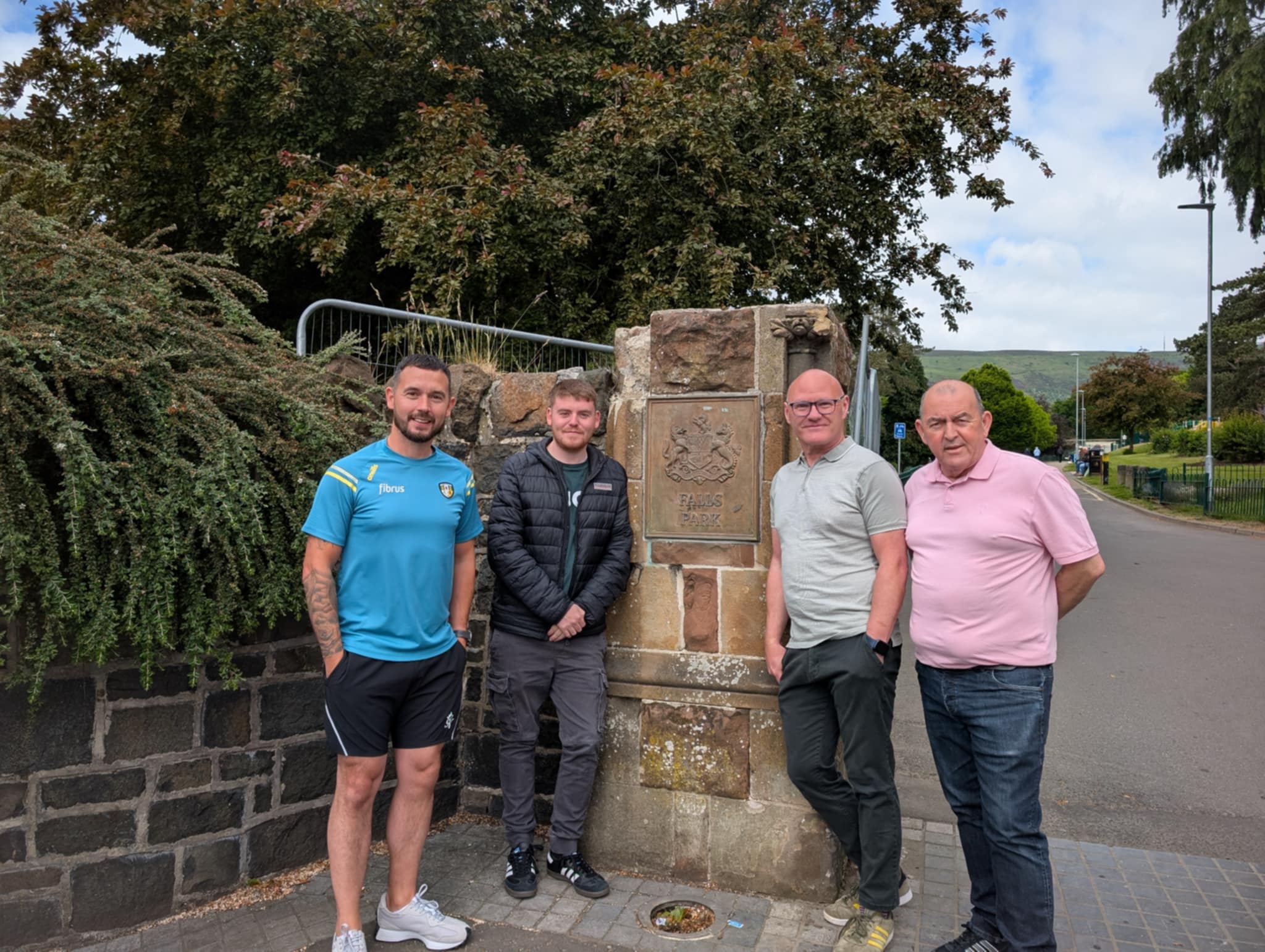 WELCOME MOVE: West Belfast MP Paul Maskey with party councillors Michael Donnelly, Ronan McLaugh and Arder Carson at the entrance to Falls Park