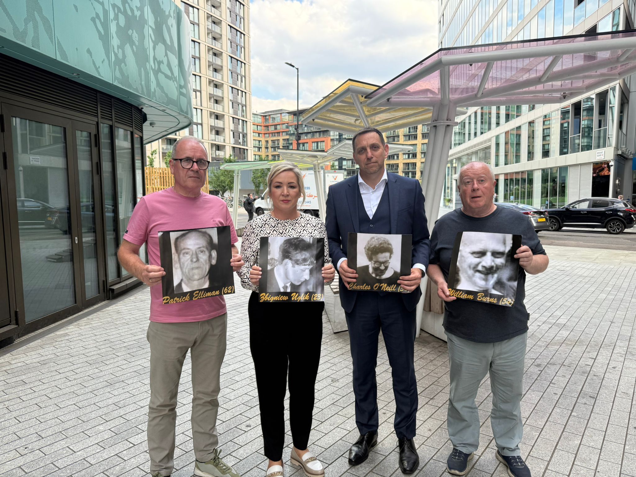 SUPPORT: Pól Wilson, Pádraig Ó Muirigh and Robert McClenaghan with First Minister Michelle O\'Neill 