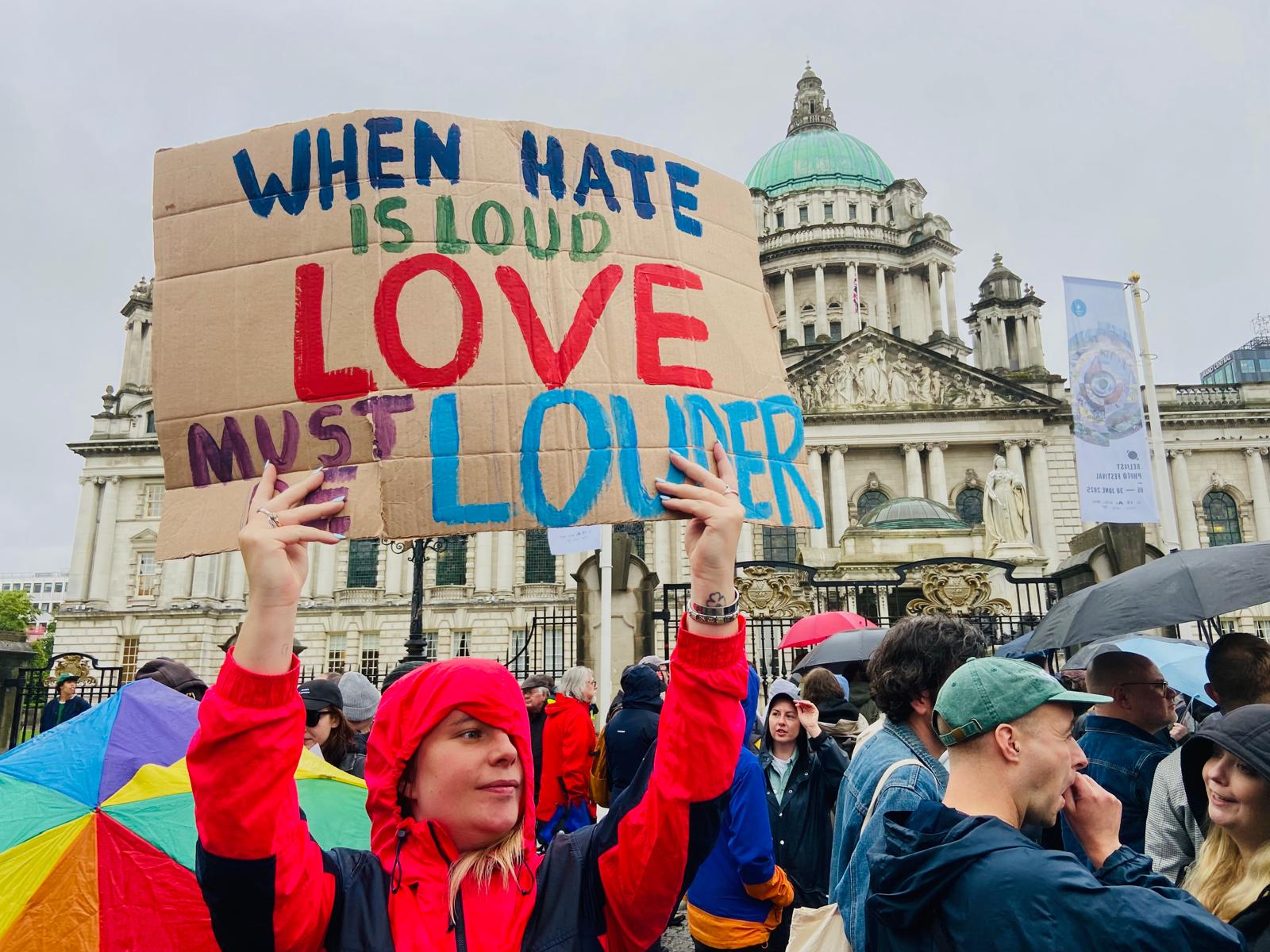 IN THIS TOGETHER: Anti-racism protestors outside Belfast City Hall this afternoon