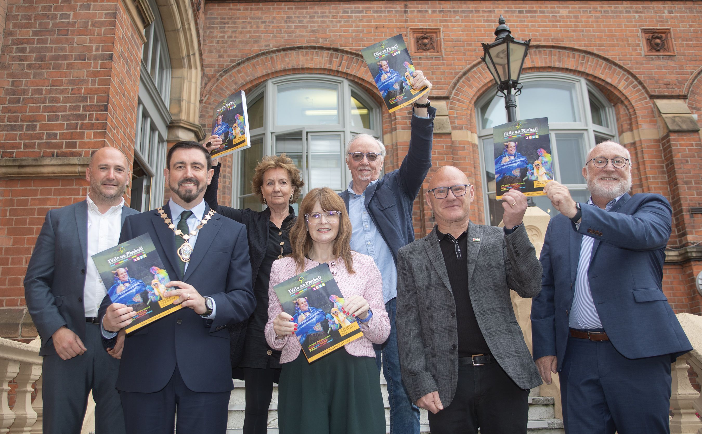 Deputy Lord Mayor Paul Doherty and Minister for the Economy Caoimhe Archibald, filmmaker Terry George, Kevin Gamble from Féile an Phobail, West Belfast MP Paul Maskey, Prof Peteter Finn from St Mary’s University Colleg, Roisin McDonough, Arts Council