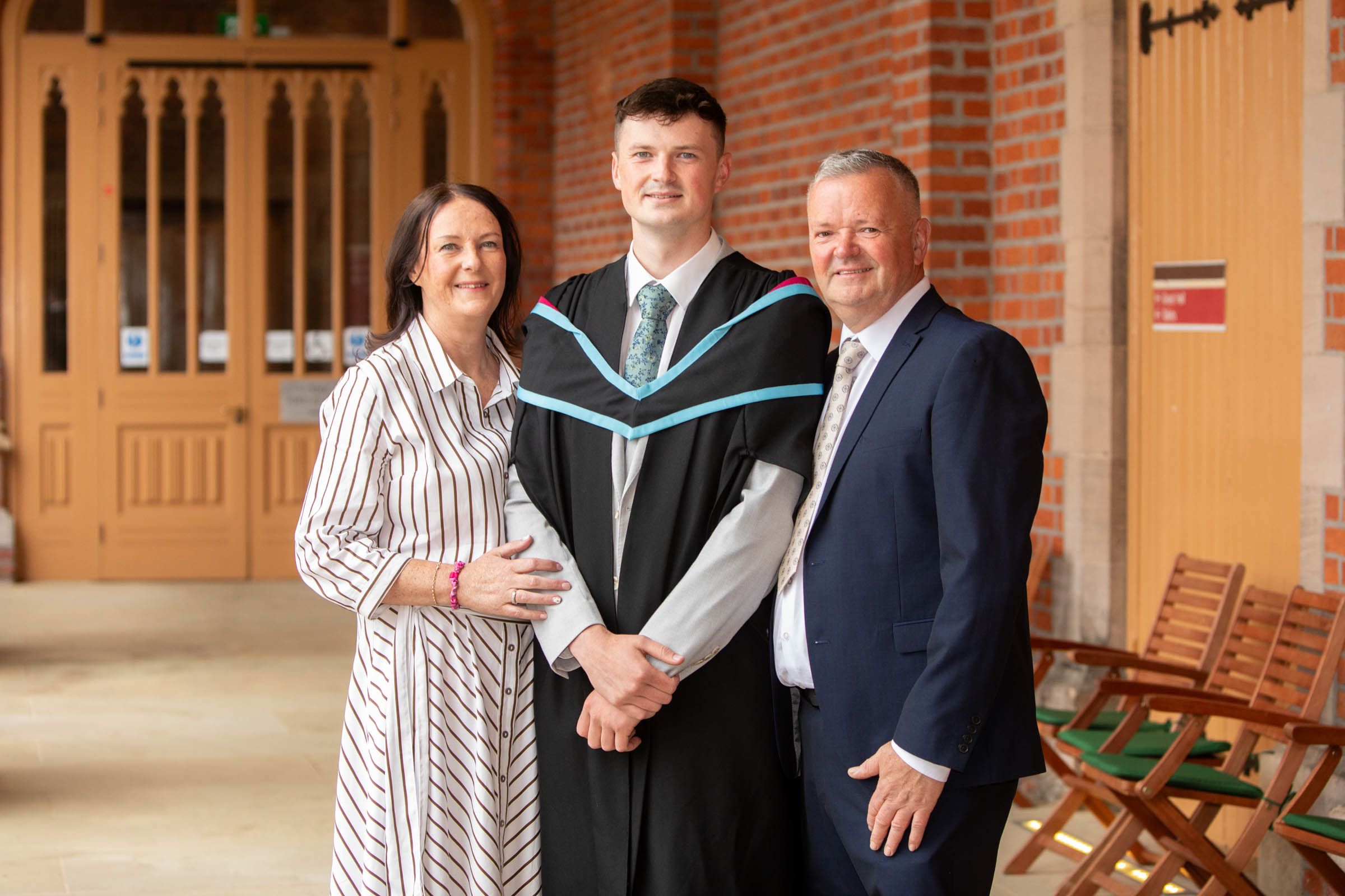 Shaun Leppard graduating with a degree in Pharmacy at Queen\'s University Belfast. He is pictured with this parents Annette and Shaun Snr Leppard