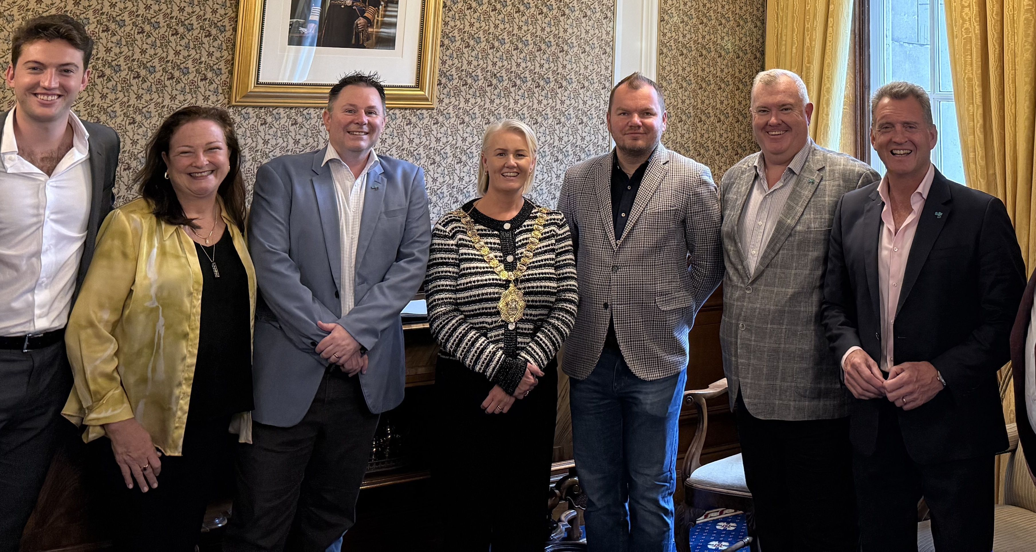 VISITORS FROM DOWN UNDER: Lord Mayor Tracy Kelly welcomes the Irish-Australian Chamber of Commerce delegation to Belfast. Barry Corr is to the left of Cllr Kelly.