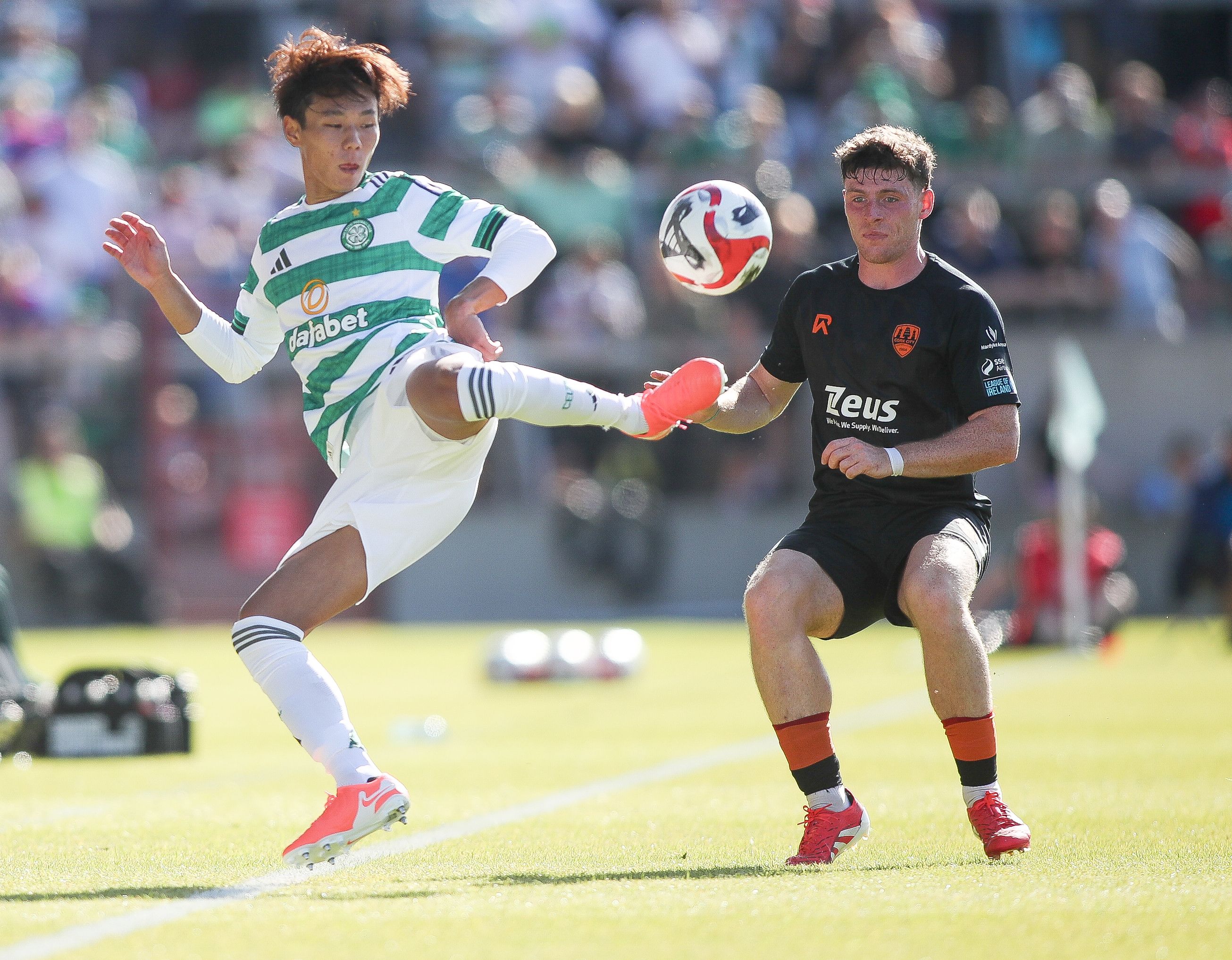 BEST FOOT FORWARD: Hayato Inamura competes with Cork’s Harry Nevin – the Japanese centre-back put in an excellent debut display