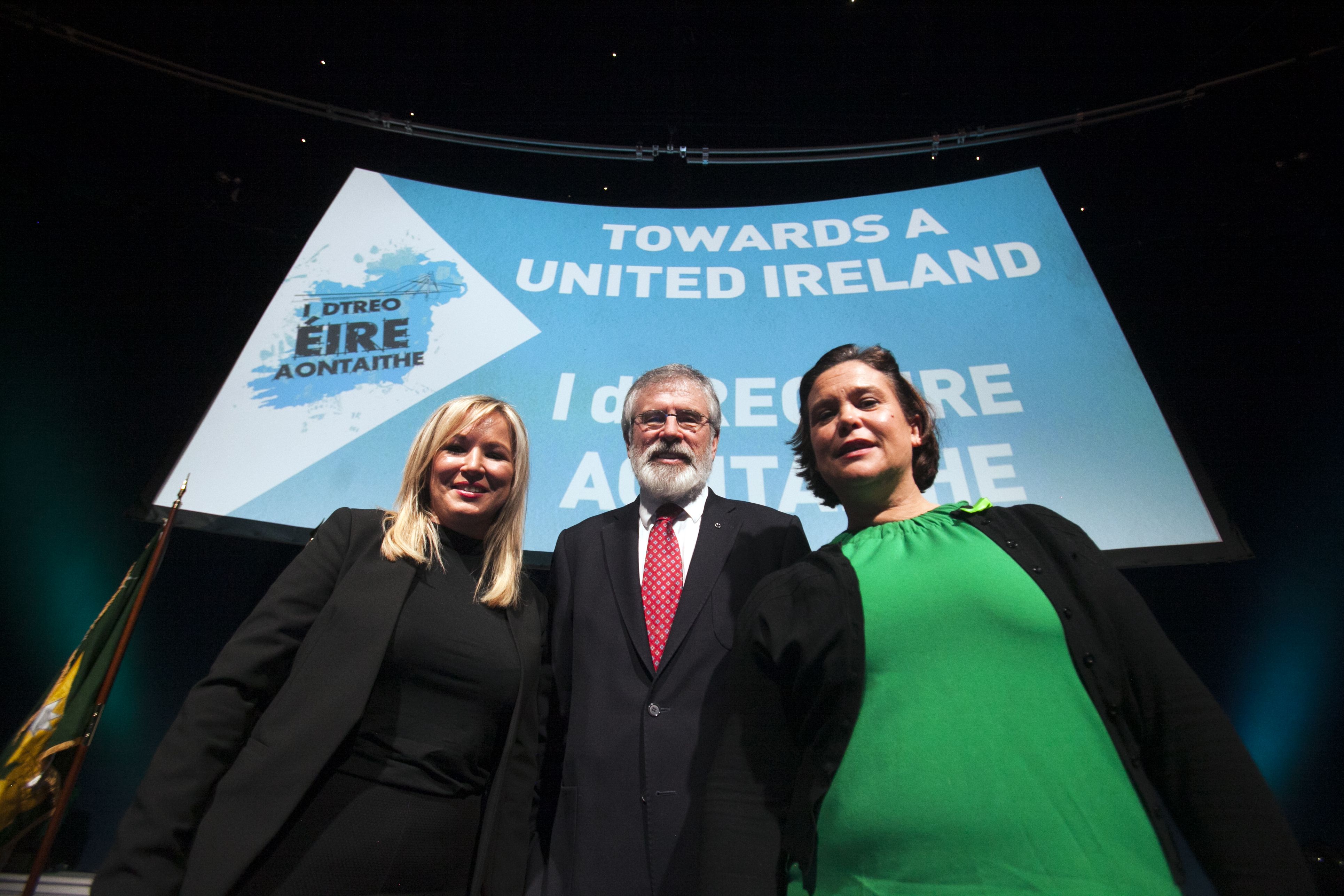 PROGRESS: Michelle O’Neill, Gerry Adams and Mary Lou McDonald will be buoyed by the conclusions of a new academic report on unity