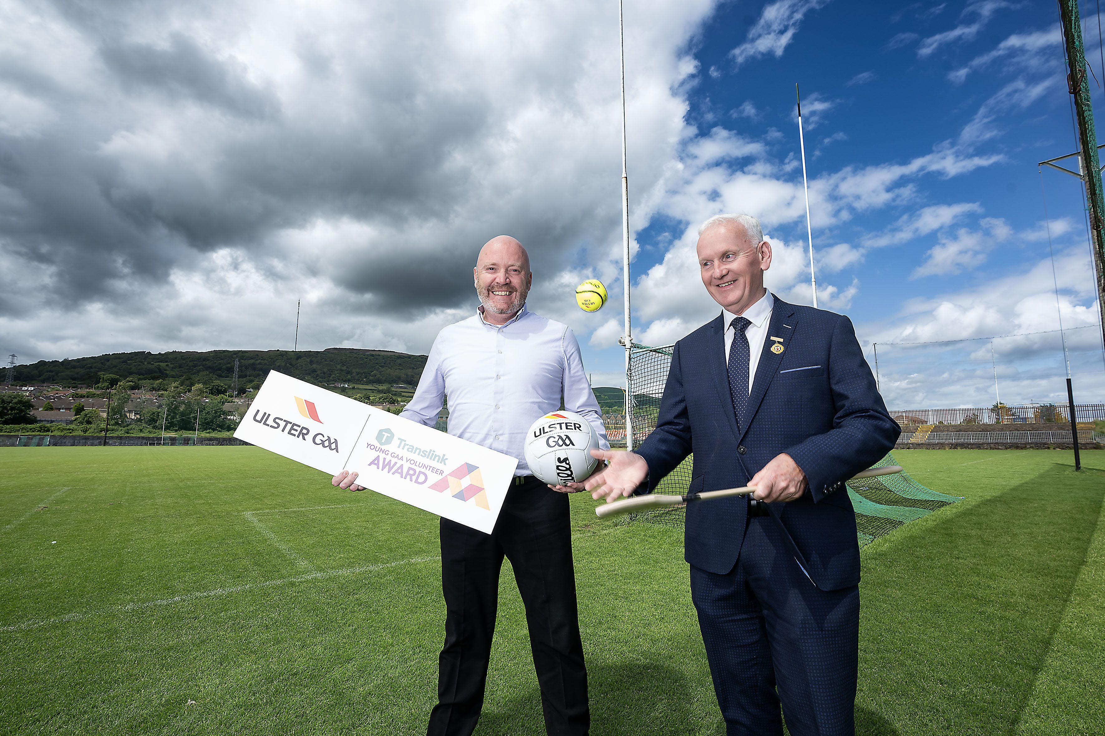 Michael Geoghegan, Ulster GAA President, and Sean McGreevey, Translink Area Manager, pictured at Corrigan Park for the launch of the 2025 Translink Ulster GAA Young Volunteer of the Month Award.