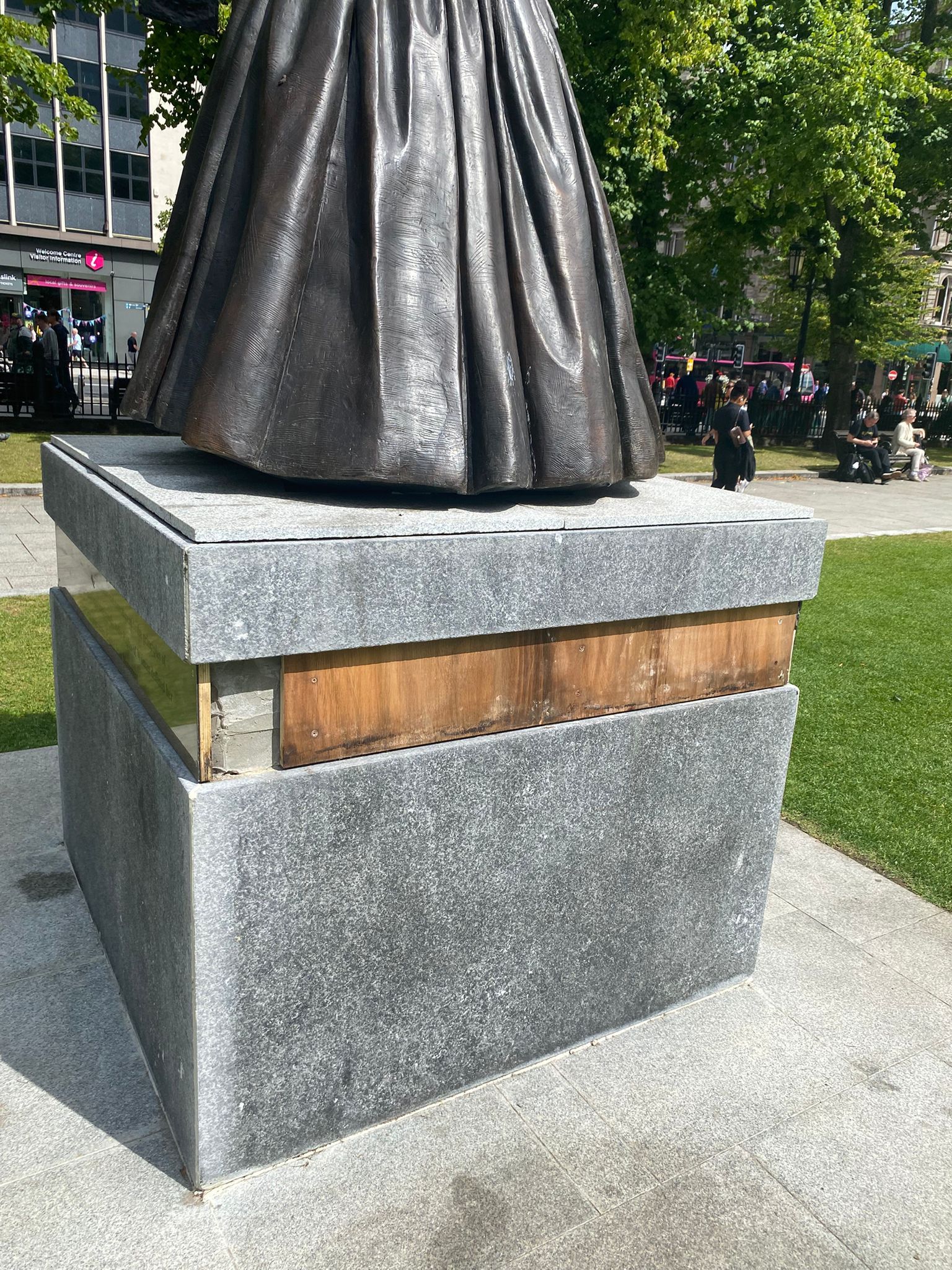 DEFACED: The statue of Mary Ann McCracken at Belfast City Hall following the damage
