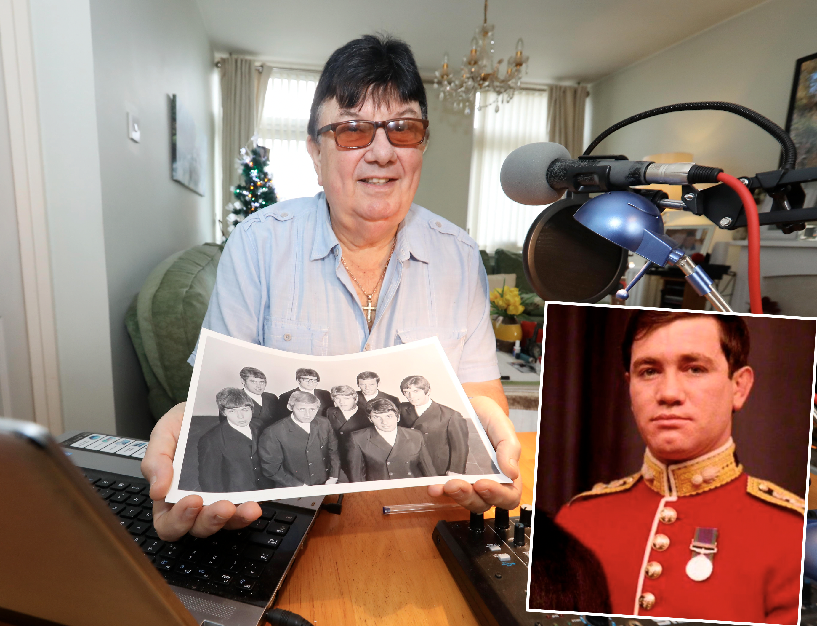 CLAIM: Des Lee with a photo of the Miami Showband; right, Captain Robert Nairac