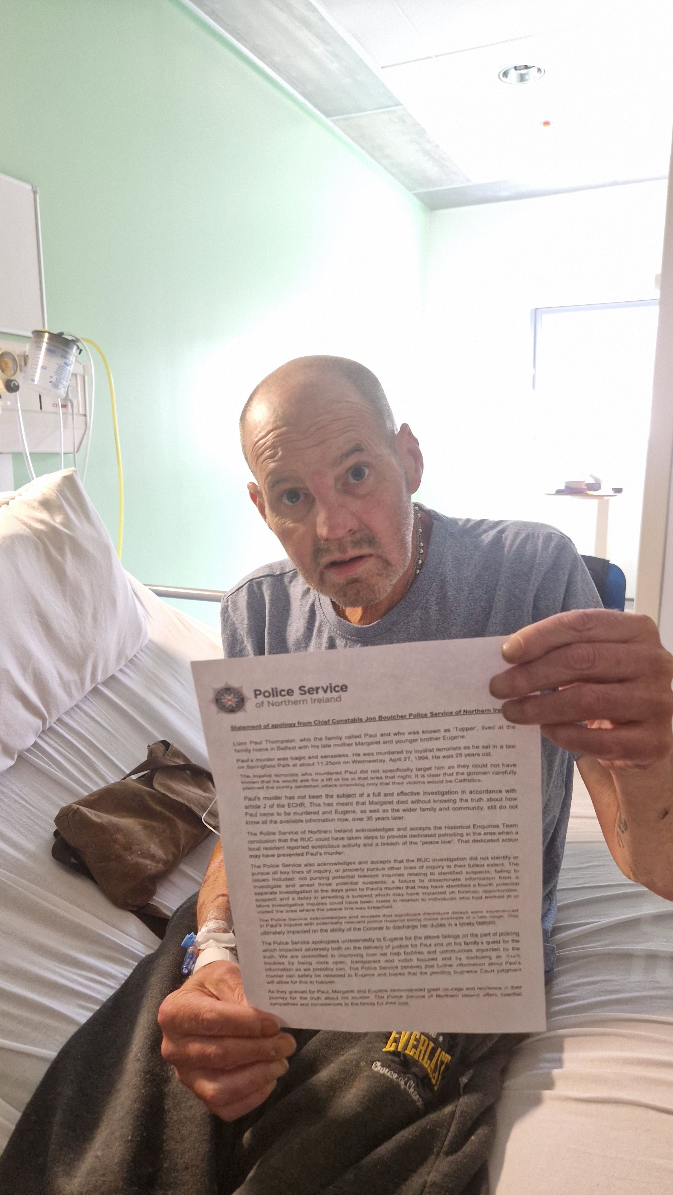 APOLOGY: Eugene Thompson with the statement, which was read out to him by PSNI Chief Constable Jon Boutcher on Tuesday
