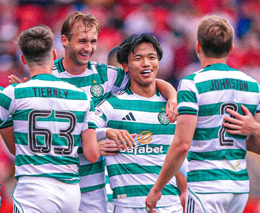 STUNNER: Reo Hatate is congratulated by teammate Benjamin Nygren after his goal of the season contender