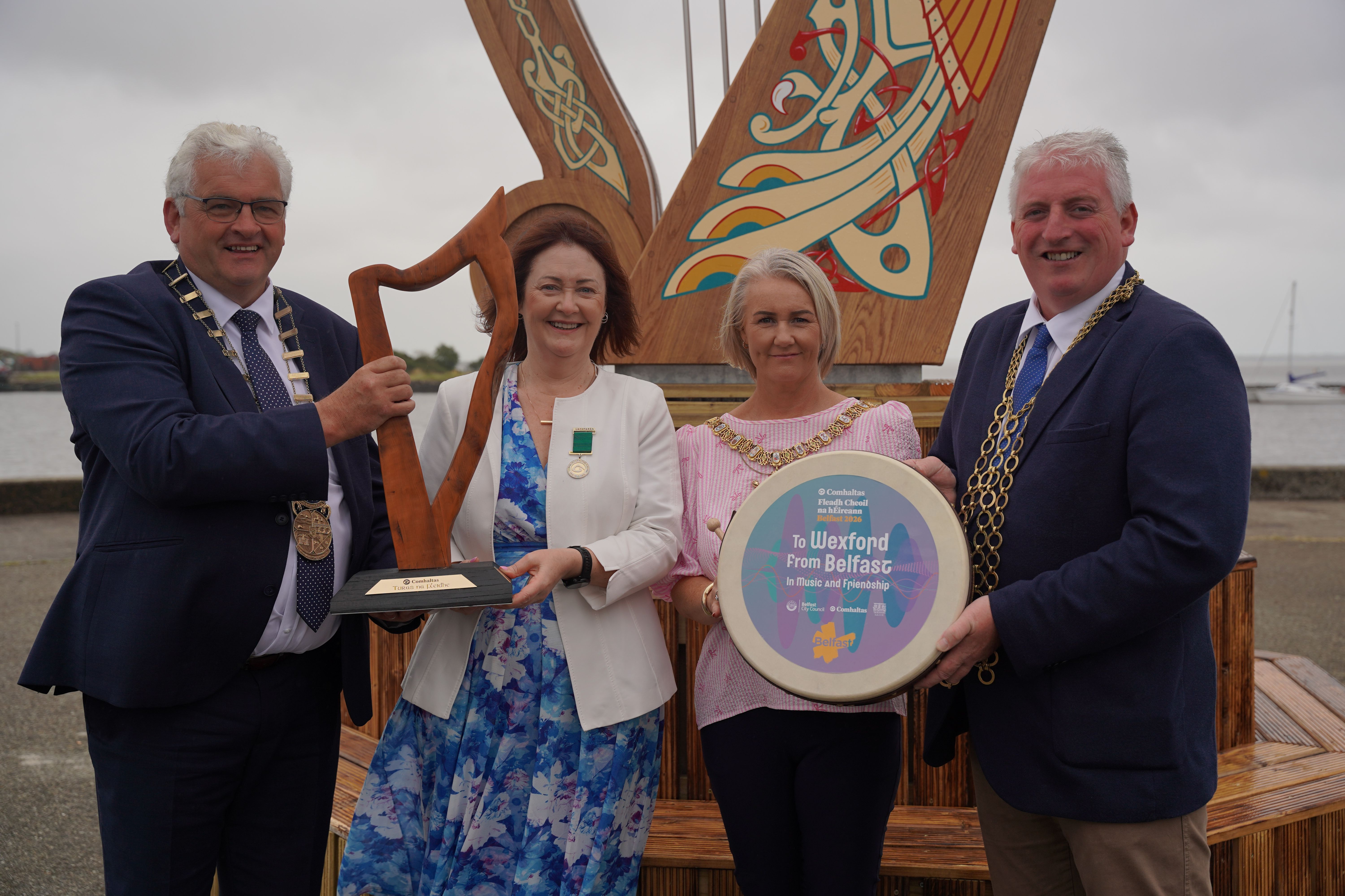 FLEADH HANDOVER: Councillor Joe Sullivan, Attracta Ní Bhradaigh, Belfast Lord Mayor Councillor Tracy Kelly and Mayor of Wexford, Councillor Garry Laffan