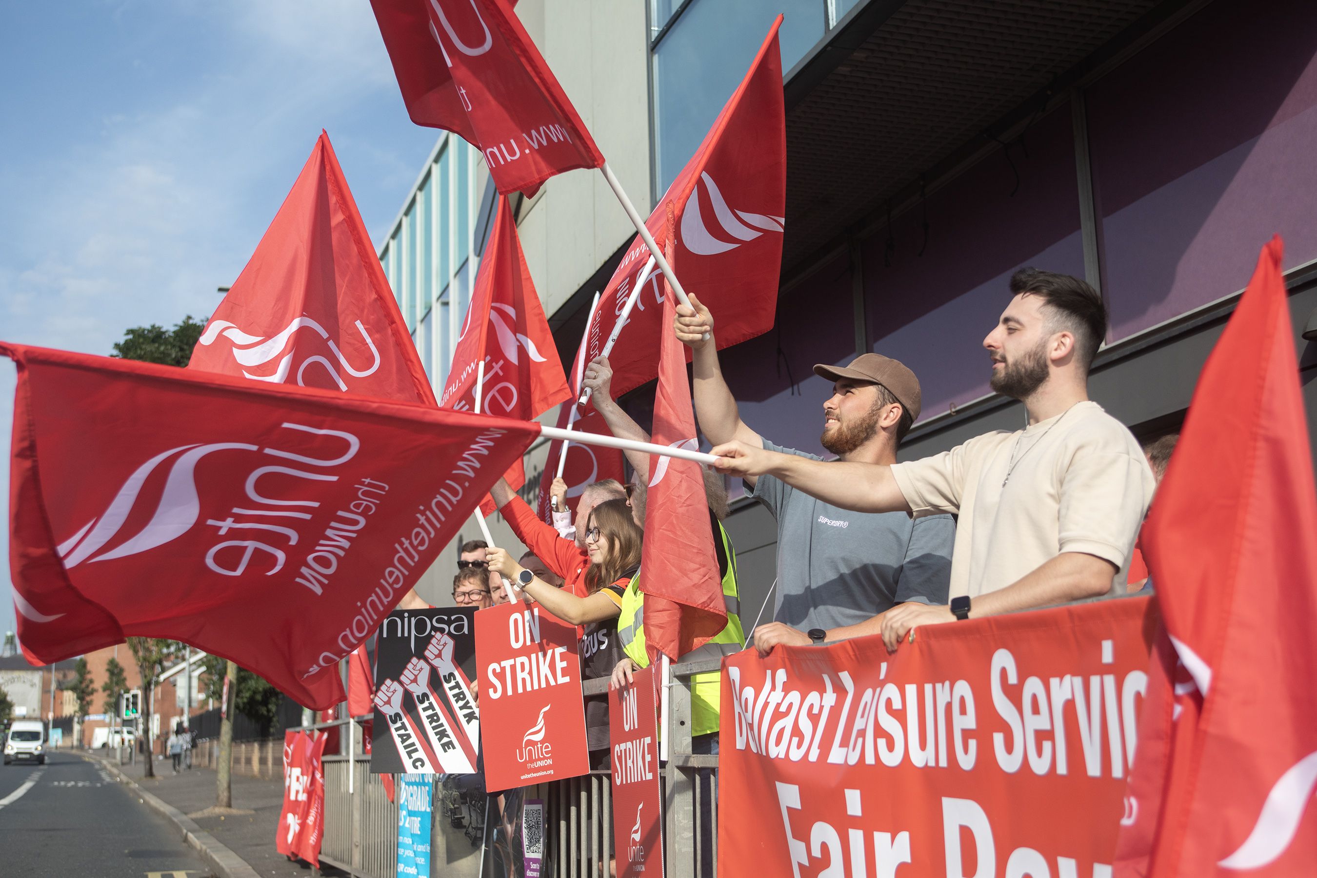 STRIKE ACTION: Leisure centre workers and trade union reps outside Falls Leisure Centre on Tuesday morning