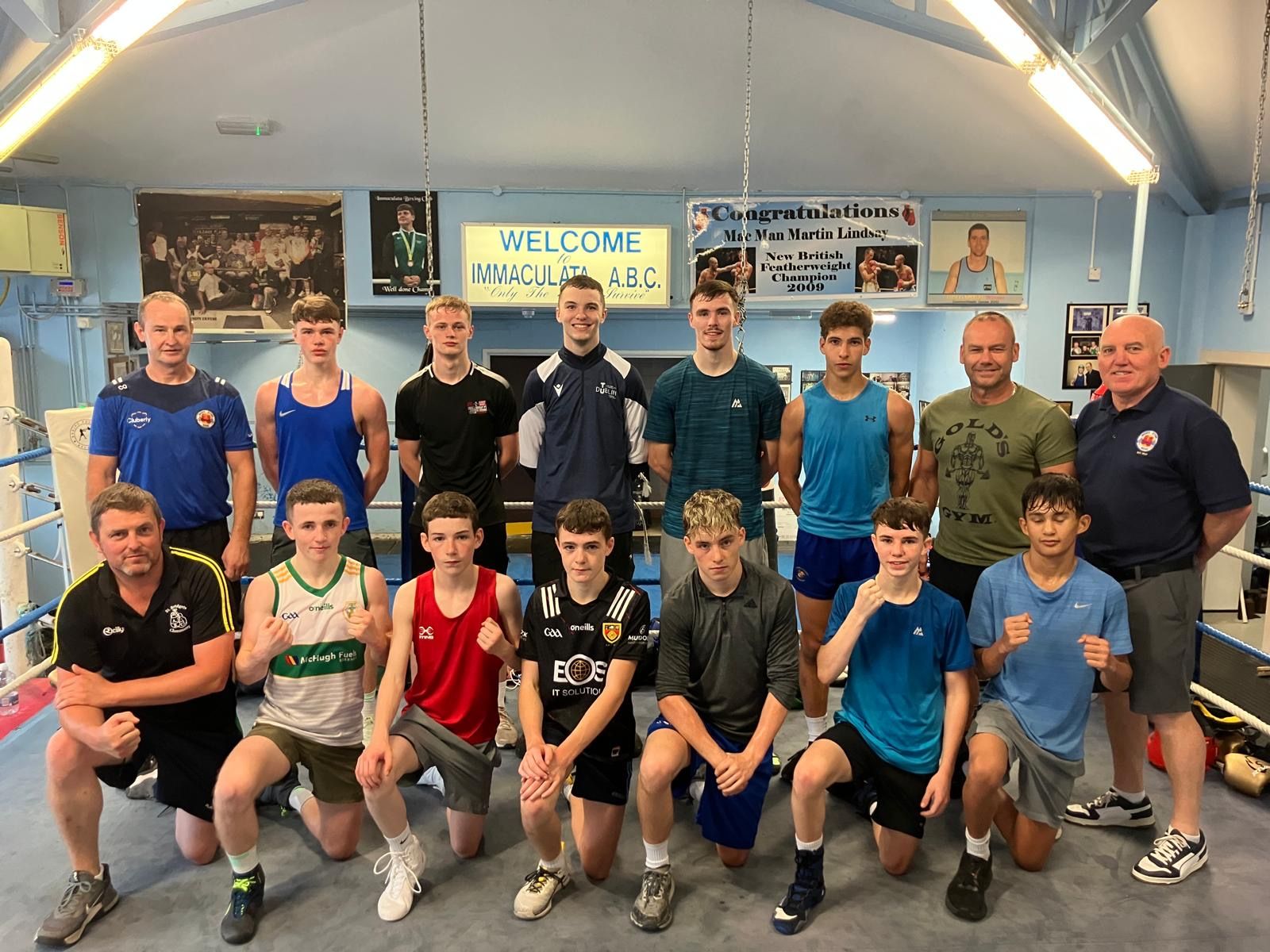 IN TRAINING: The squad at West Belfast’s Immaculata Boxing Club. One final big work out before jetting off