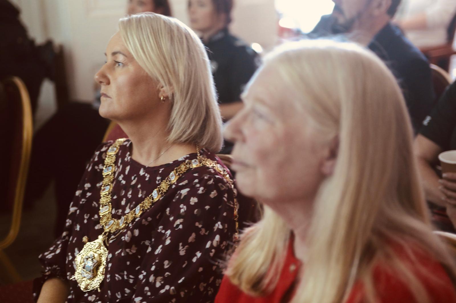 EMOTIONAL: Lord Mayor Tracey Kelly and Annie Armstrong from Colin Neighbourhood Partnership at the video launch at Cloona House