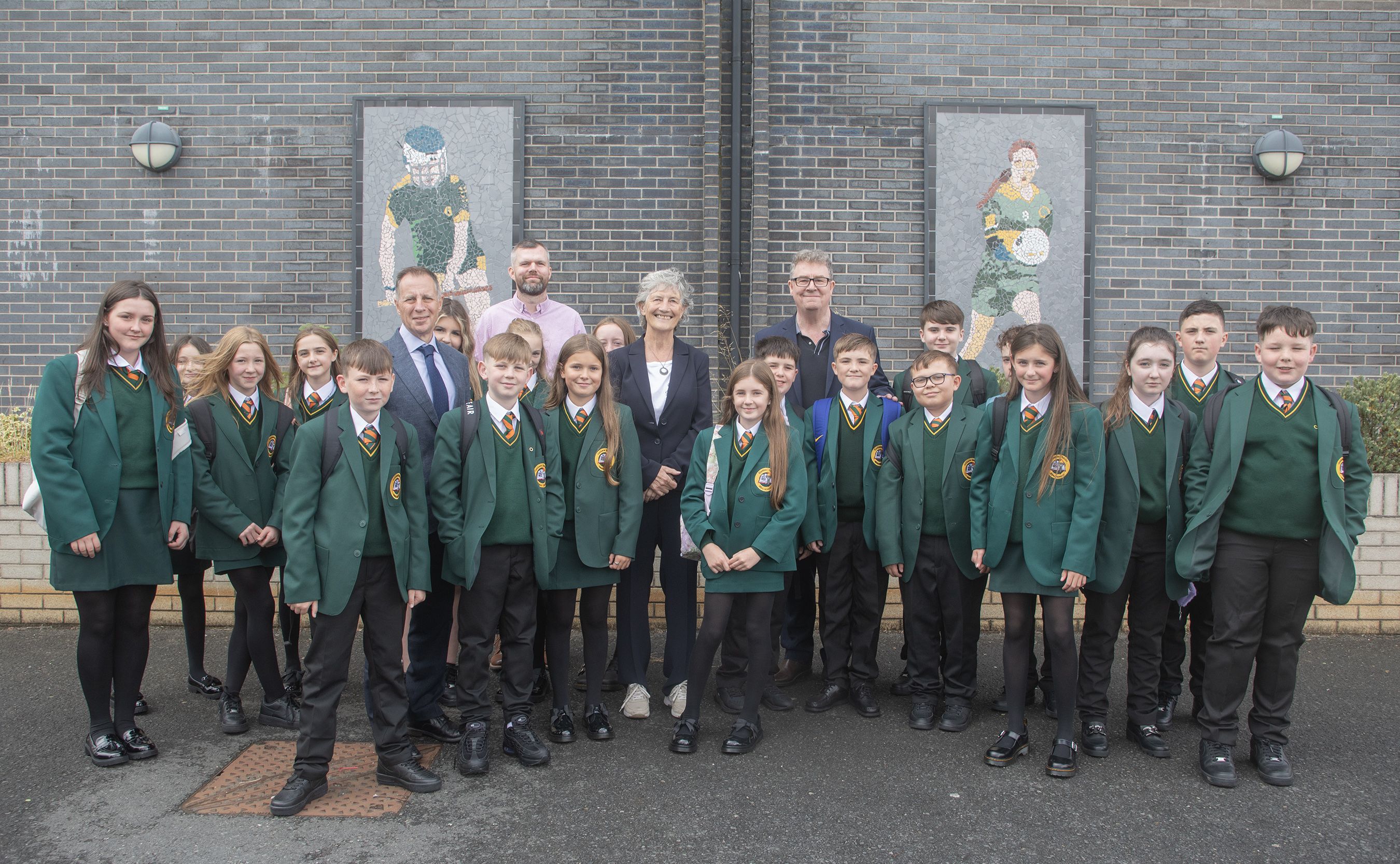 FÁILTE: Catherine Connolly with pupils from Coláiste Feirste on Thursday