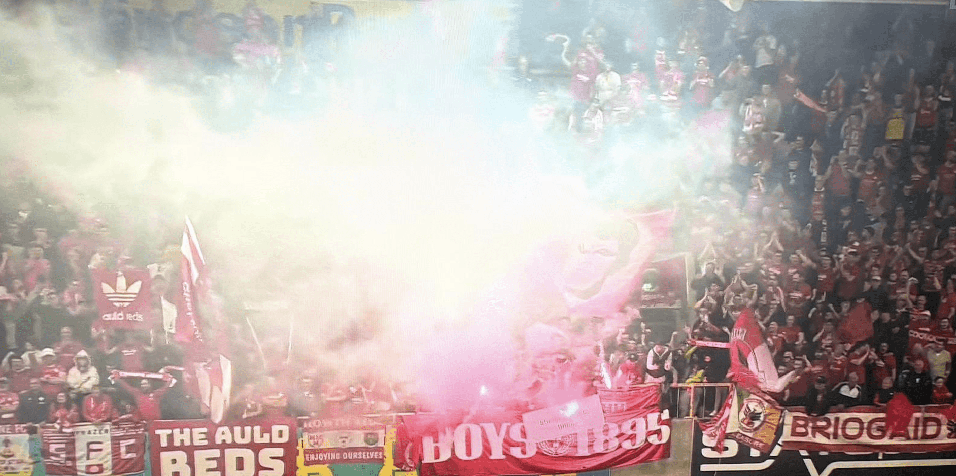 RAUCOUS: Triumphant Shelbourne fans at the end of last night\'s game – some in the crowd subjected Blues\' manager David Healy to sectarian abuse