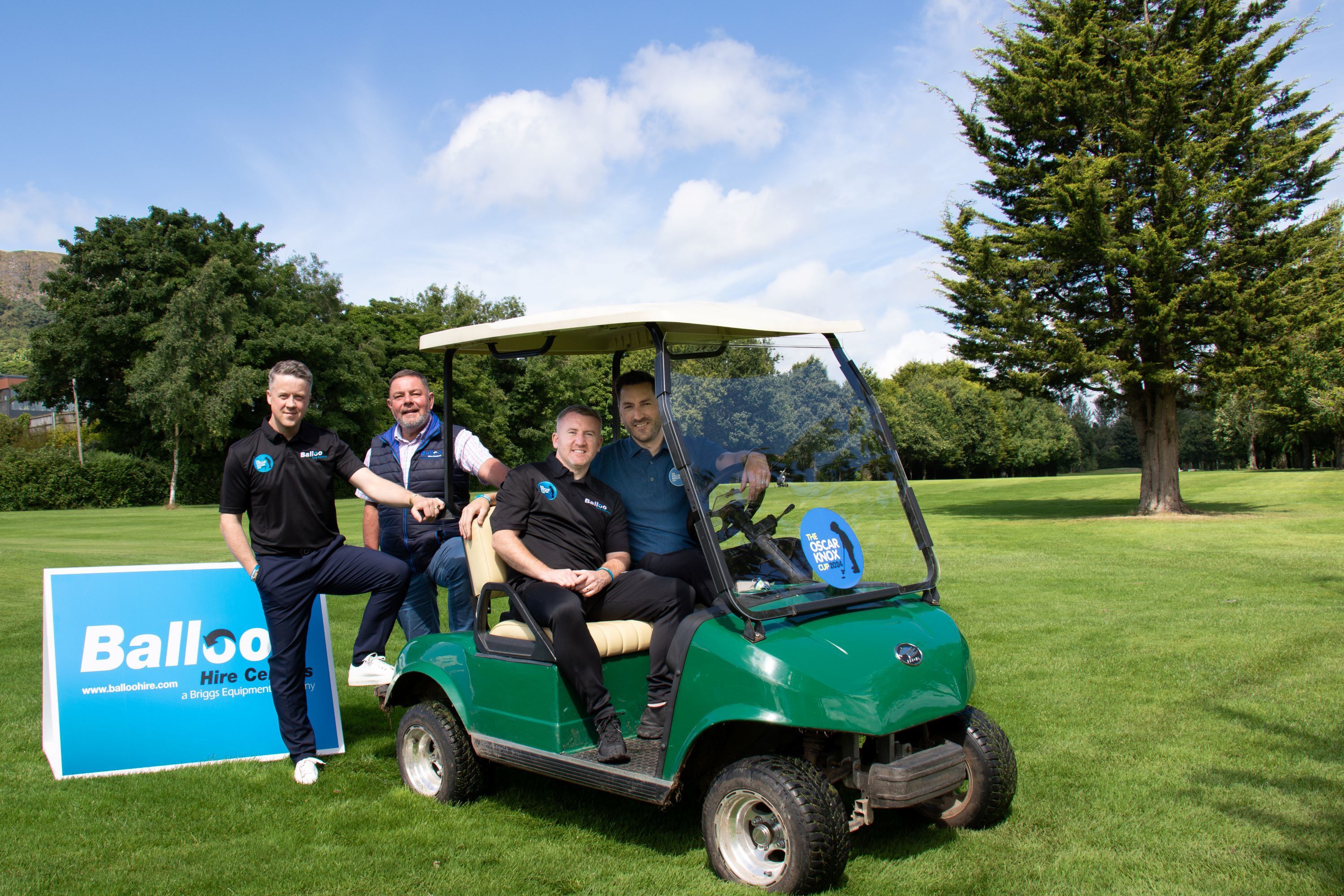 OSCAR KNOX CUP: Stephen Knox with Stephen Marshall (Balloo Hire Sales Manager) and Oscar Knox Fund Ambassadors Paddy Barnes and Chris Suitor.