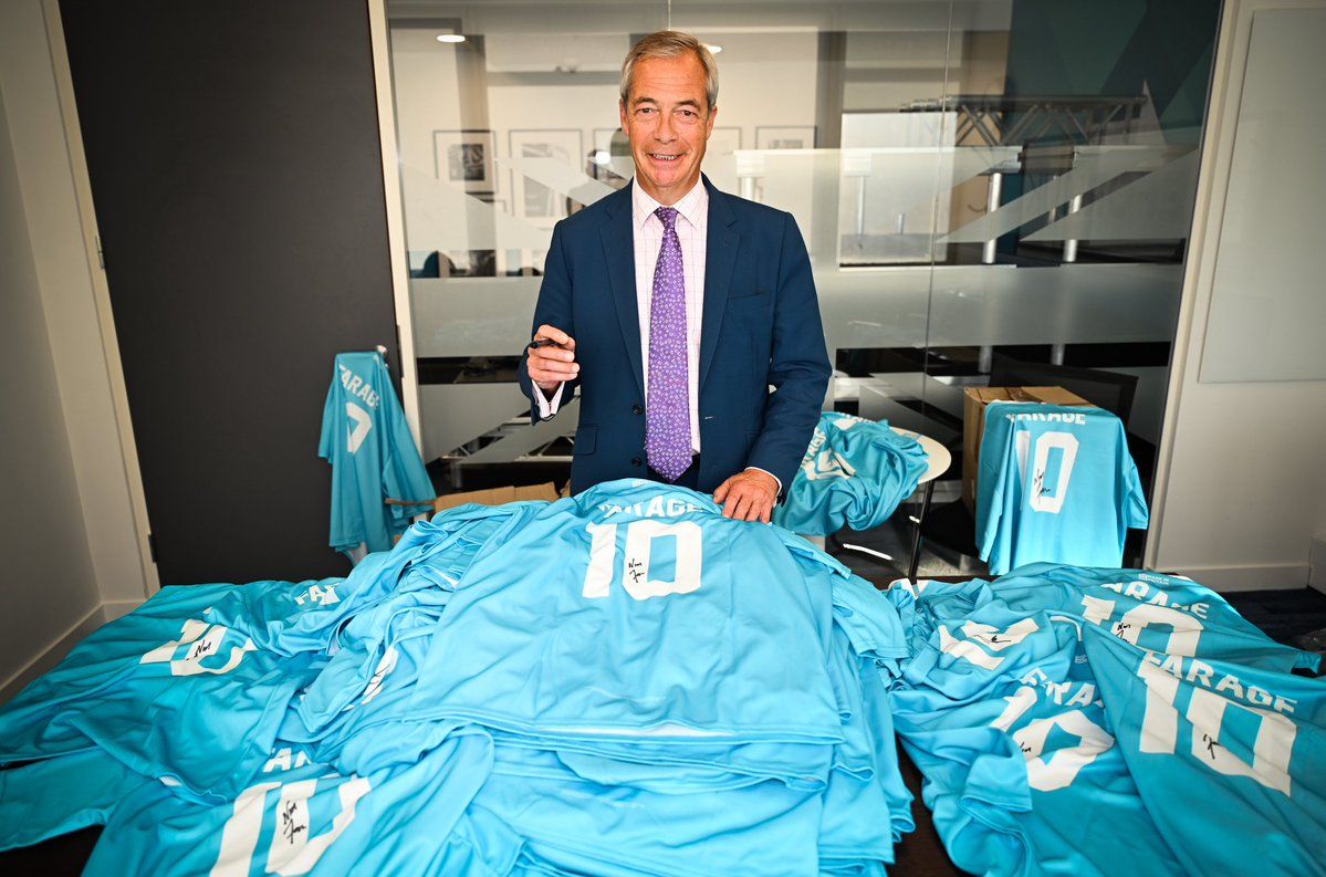 RIDING HIGH: Reform leader Nigel Farage and his latest wheeze – selling football shirts to the faithful with his name on the back