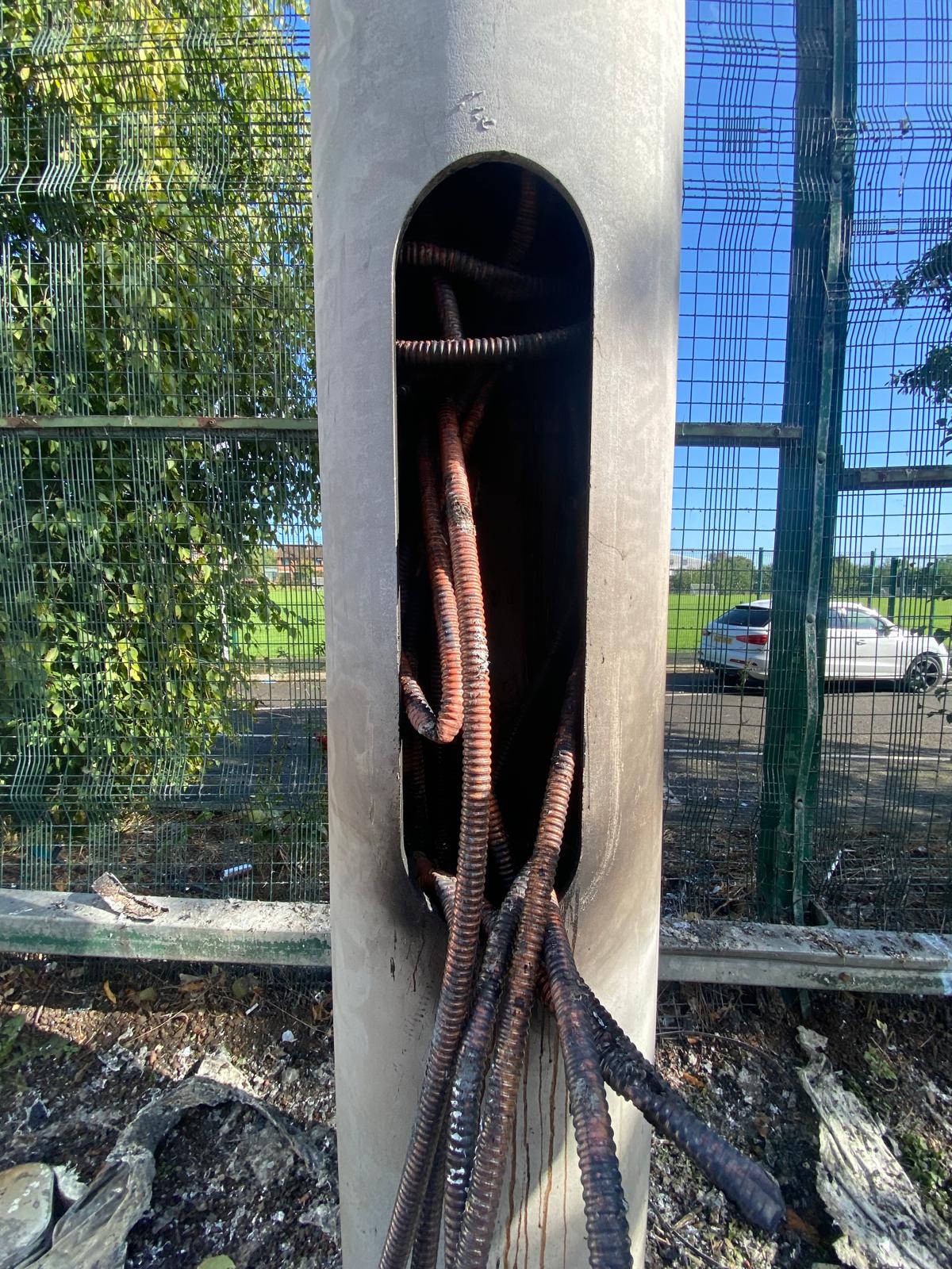 ARSON: The 5G mast on the Whiterock Road was set alight on Sunday night