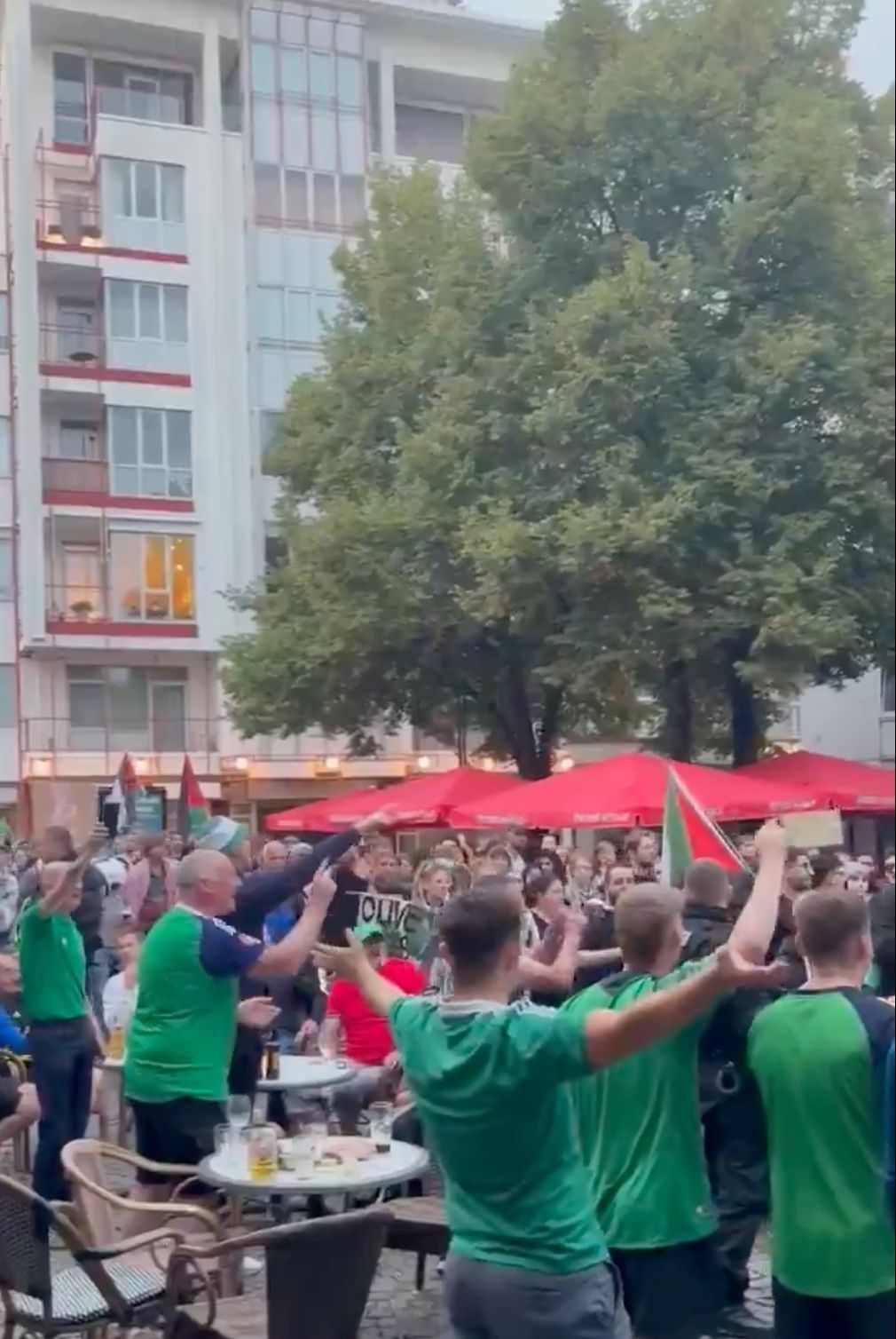 CHANTS: Northern Ireland fans outside a bar in Cologne as a pro-Palestine march passes by