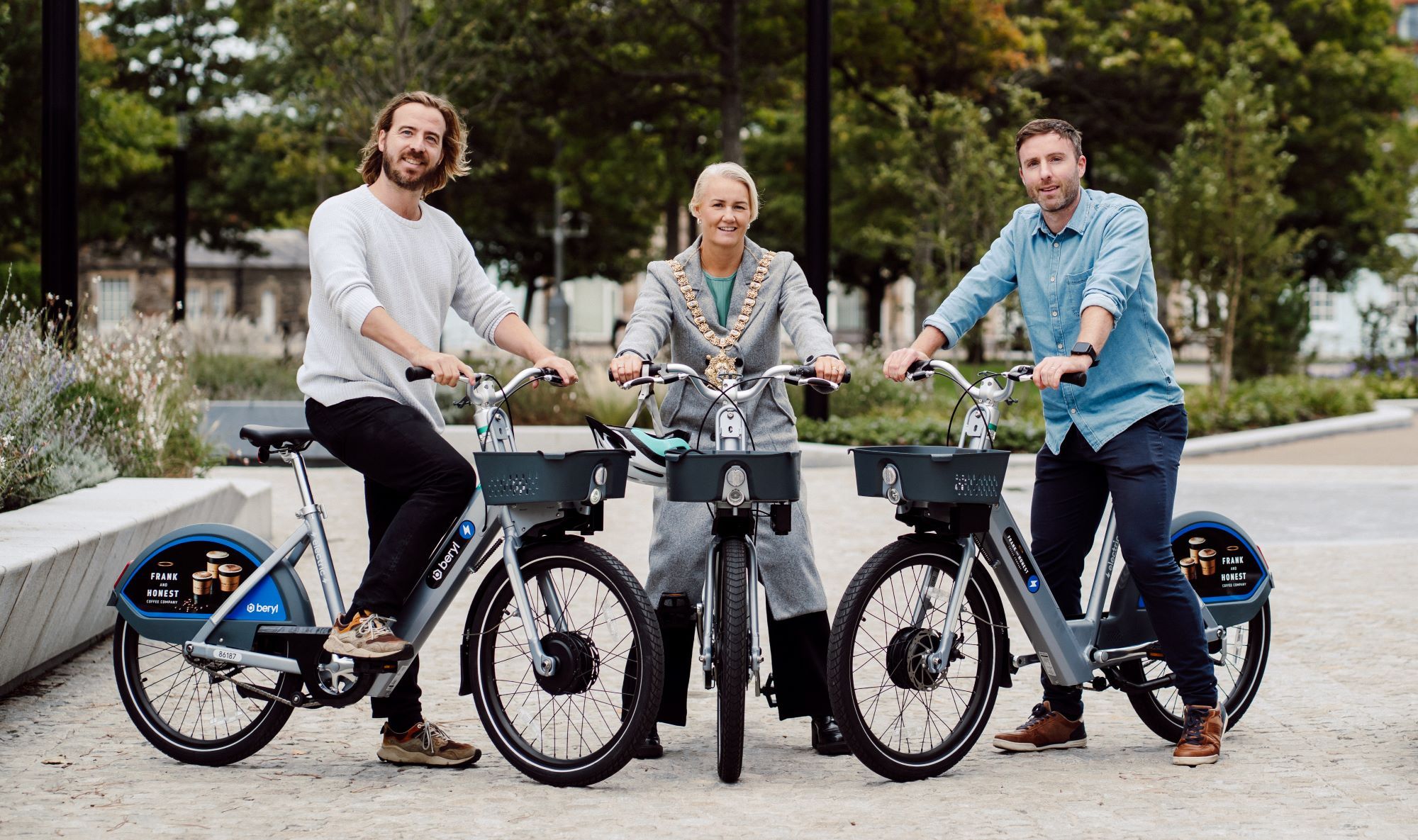 ON YER BIKE: Phil Ellis (Beryl CEO), Lord Mayor of Belfast Councillor Tracy Kelly, and Jonathan Henderson from the Department for Infrastructure) at the launch of the new e-bikes