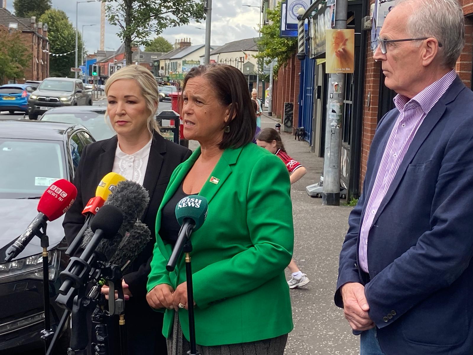 DECISION TIME: Mary Lou McDonald, Michelle O\'Neill and Gerry Kelly in Belfast yesterday