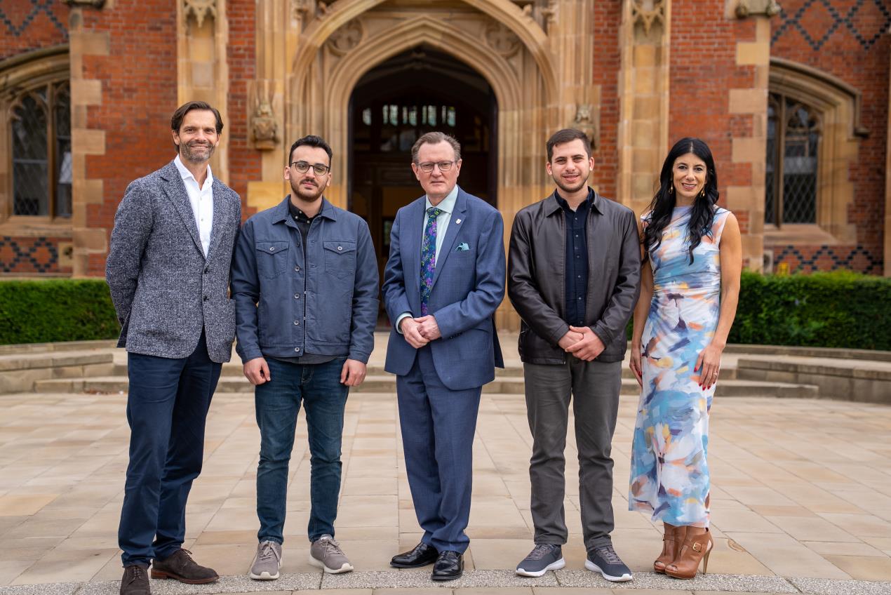 BELFAST WELCOME: Chris McDowell, Ibrahim Mahdi, Vice-Chancellor Professor Sir Ian Greer, Alaa Ahmad and Gina Copty