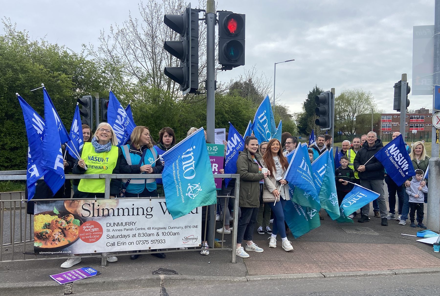 VOTE: Teachers on strike outside the entrance to St Anne\'s Primary School and Rathmore Grammar in 2023