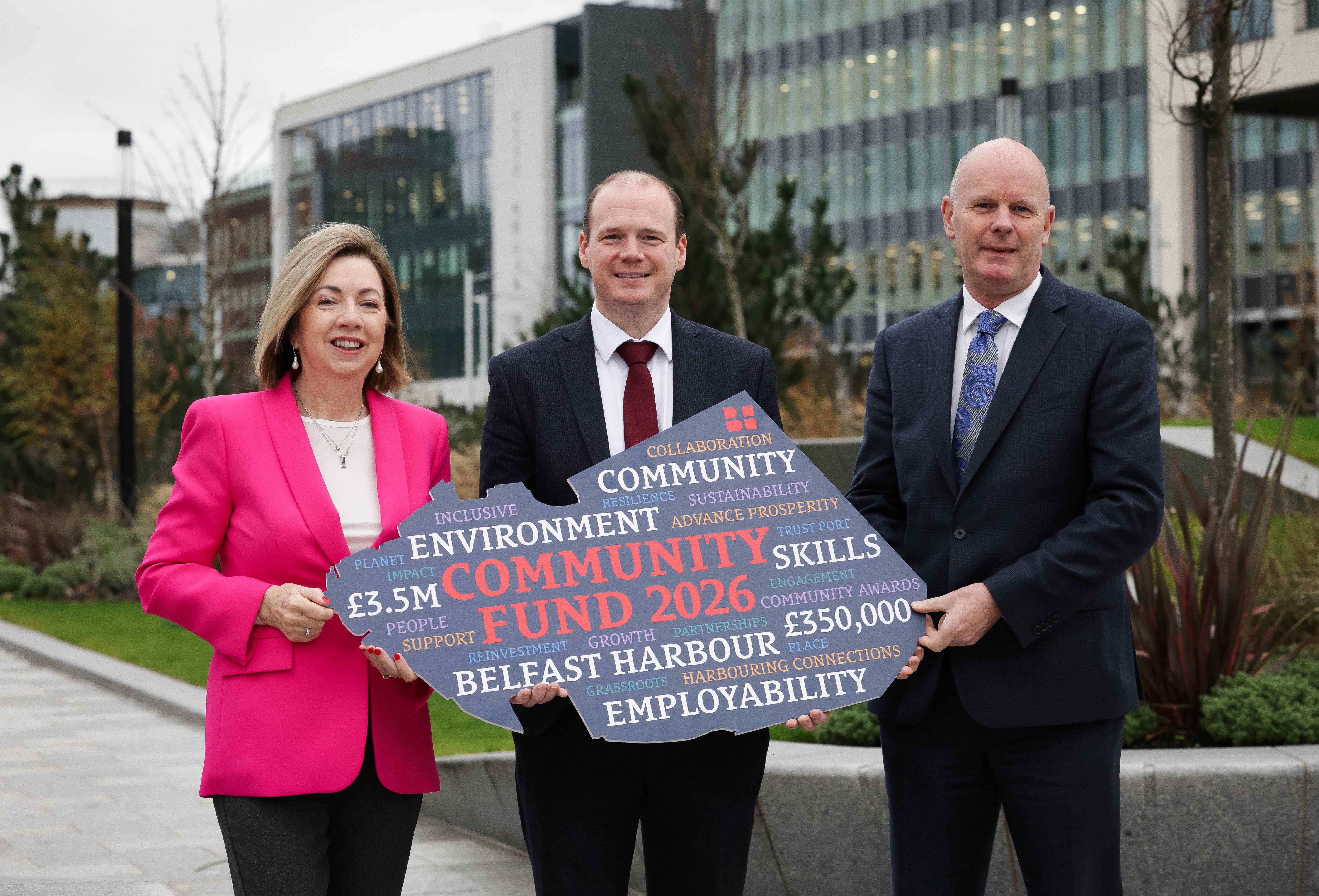 APPLY: Dr Theresa Donaldson, Chair of Belfast Harbour Commissioners; Gordon Lyons MLA, Minister for Communities; and Joe O’Neill, Chief Executive of Belfast Harbour