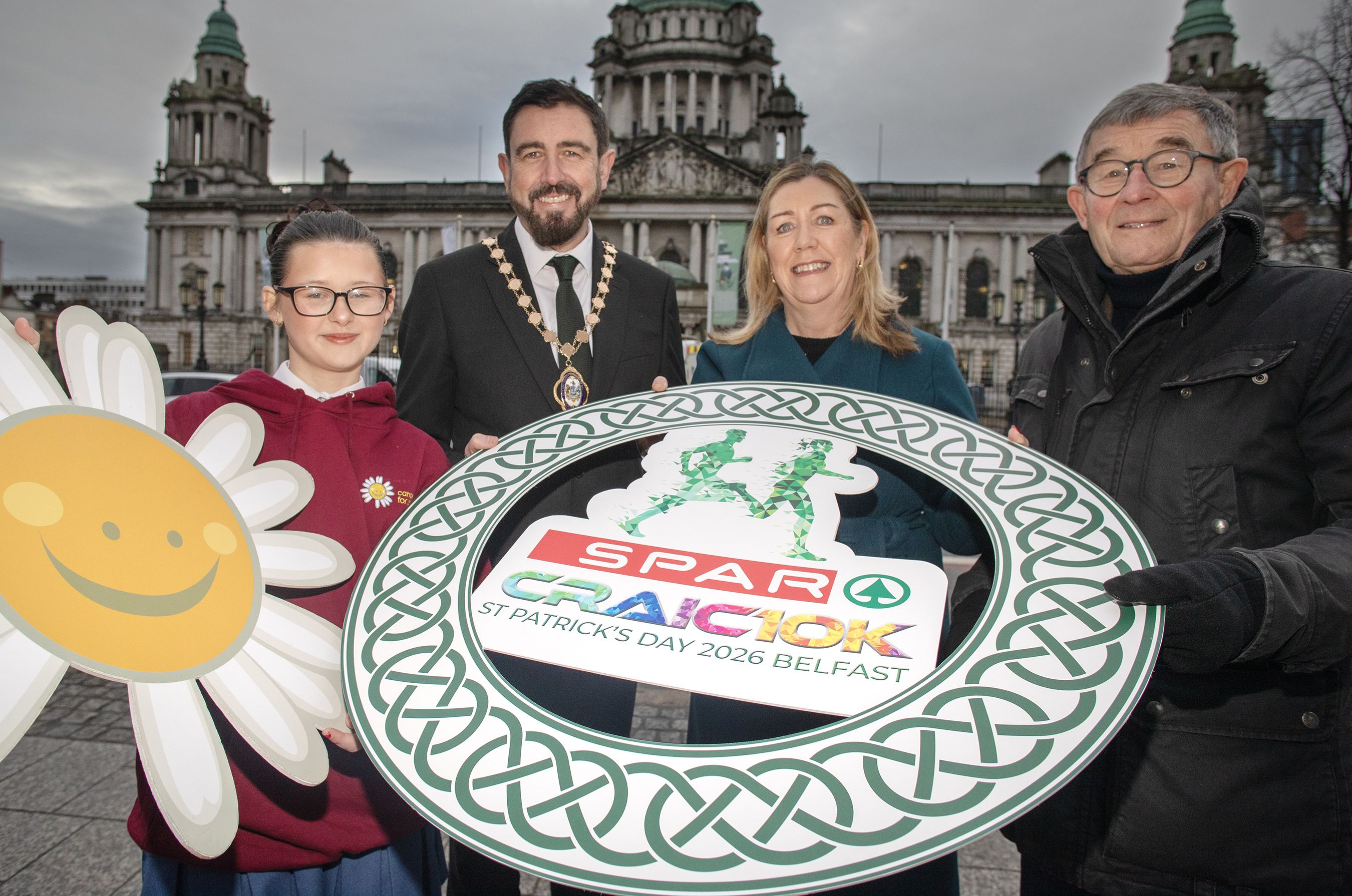 GOING GREEN: Keira Calvert, Young ambassador for Cancer Fund for Children, Deputy Lord Mayor Councillor Paul Doherty, Bronagh Luke, Head of Corporate Marketing, SPAR NI and Davie Seaton, Athletics Northern Ireland