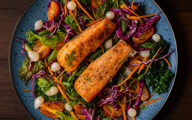 PLATING UP: Pan fried lemon peppered salmon with red cabbage