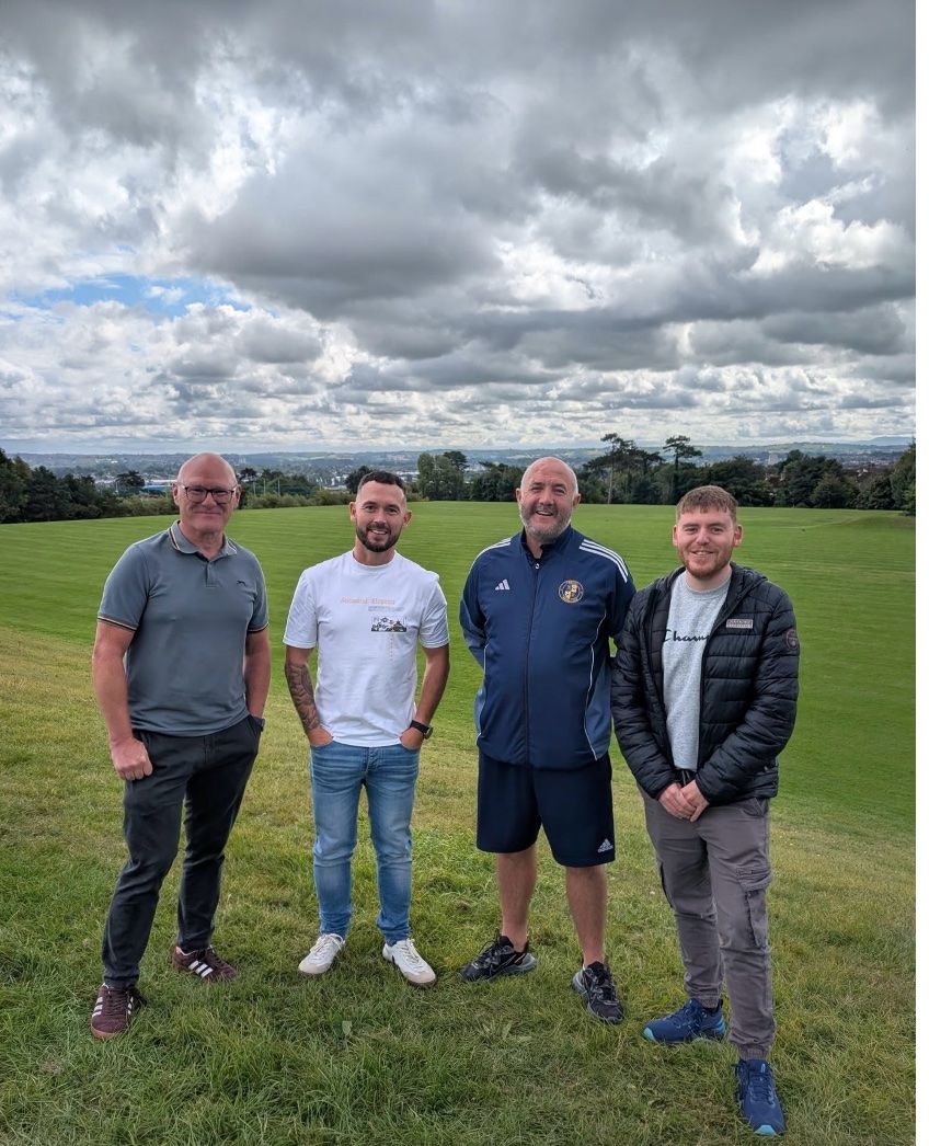 UPGRADE: Paul Maskey MP, Councillor Michael Donnelly, Sean Irvine (Newhill FC Chairman) and Councillor Ronan McLaughlin