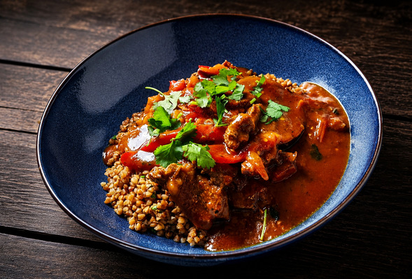 PLATING UP: Piri piri beef with aubergine and buckwheat