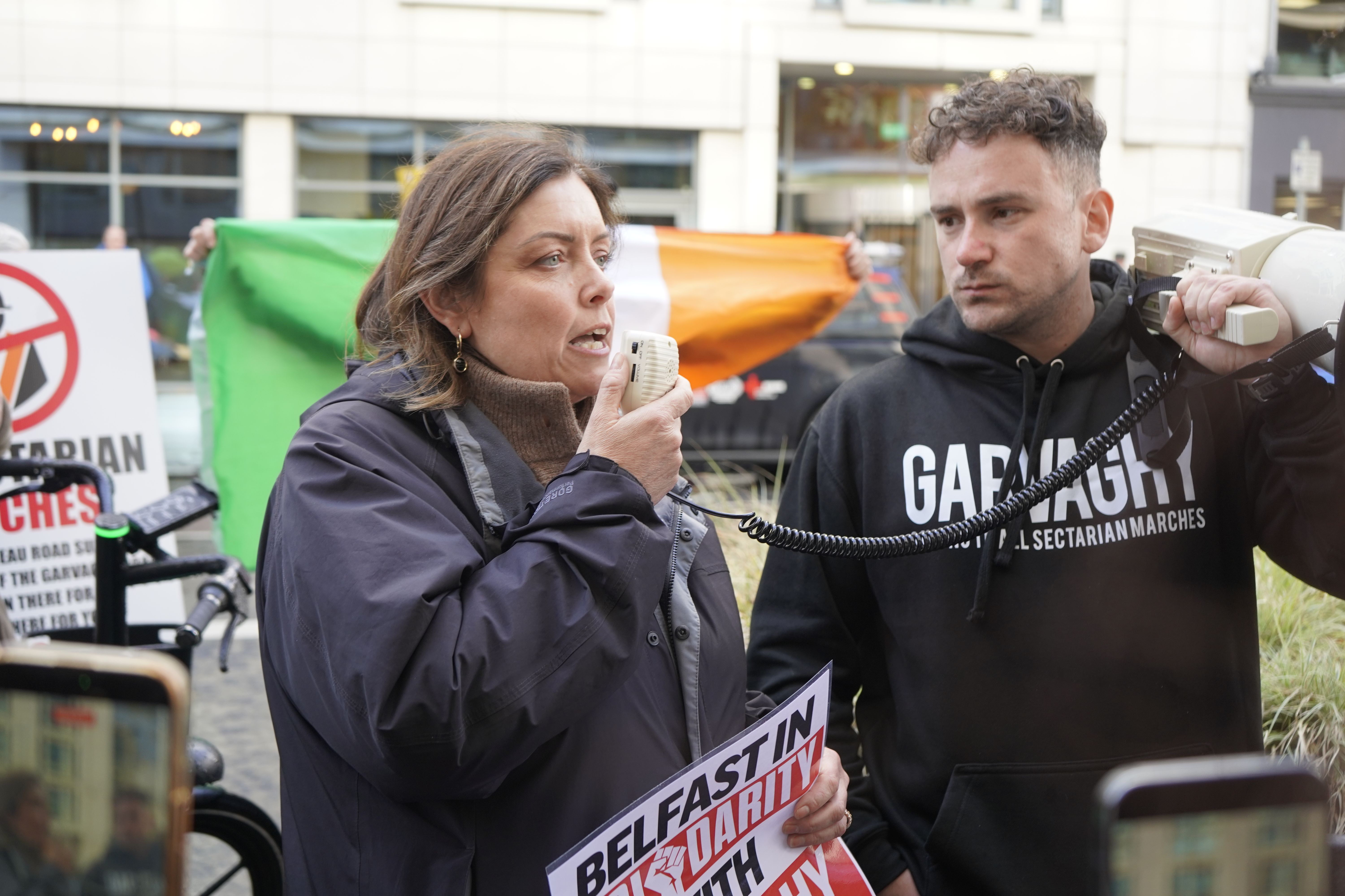 STRONG VOICE: Sinn Féin MLA Deirdre Hargey speaking at the protest at Erskine House