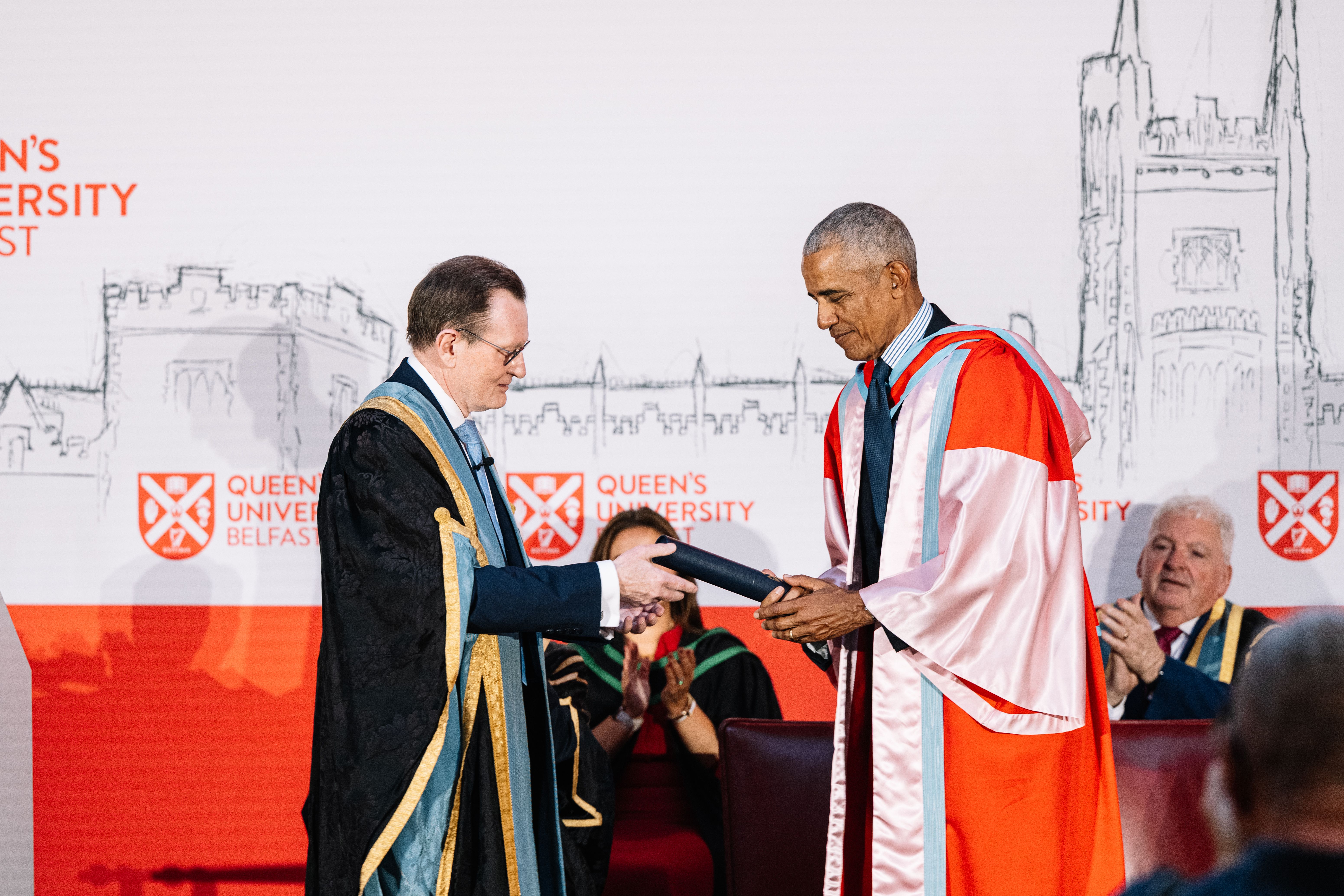 HONOUR: Vice-Chancellor Professor Sir Ian Greer presents President Obama with an honorary degree from Queen\'s University