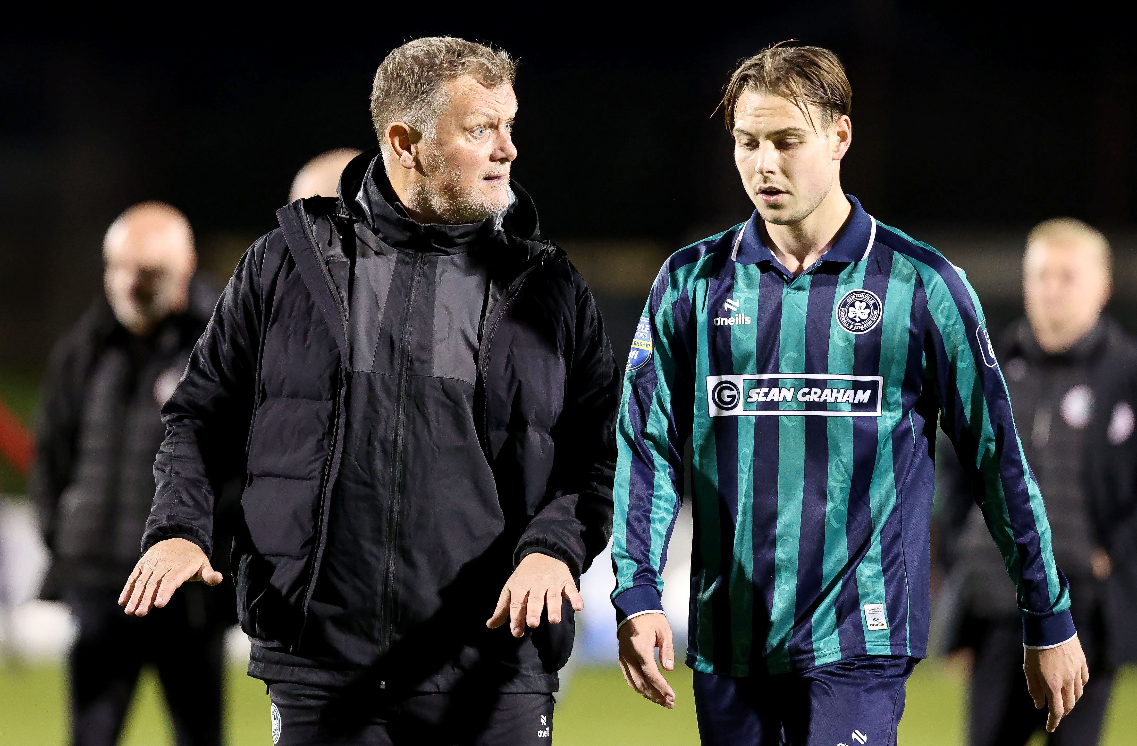Cliftonville manager Jim Magilton with Oliver Samuels after the Reds\' Bet McClean Cup win over Portadown midweek