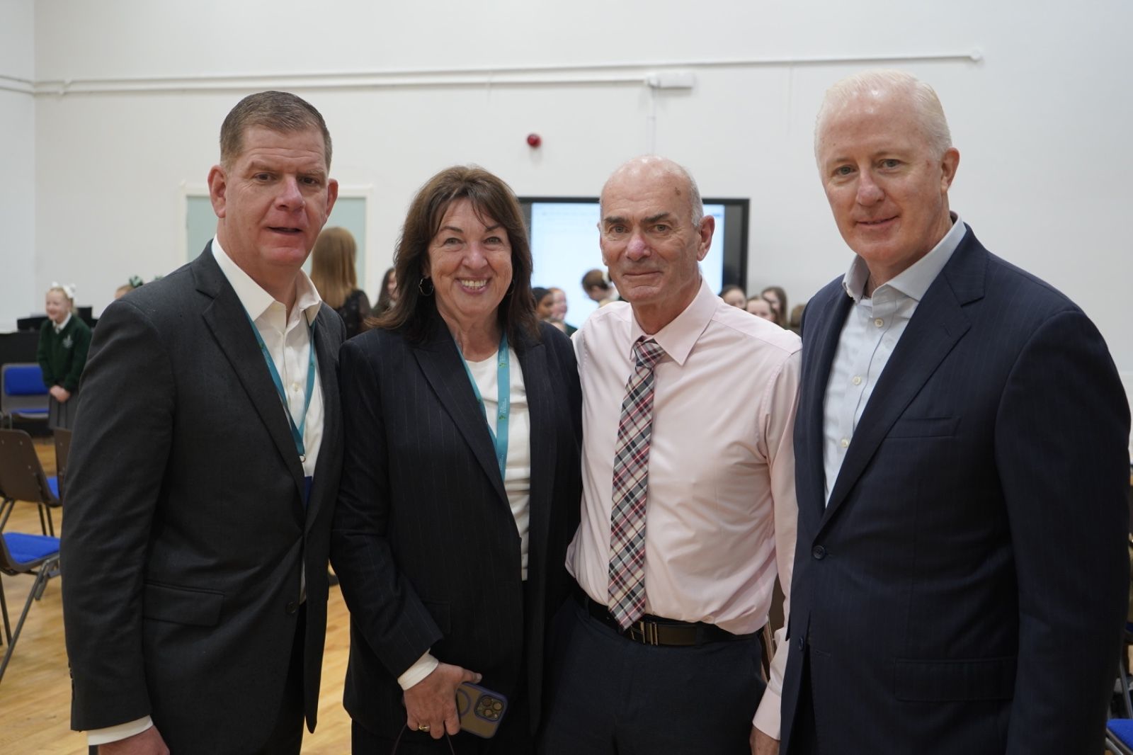 DONATION: Marty Walsh, Claire Cronin and Eugene O\'Flaherty from Irish American Partnership with Jim McCann, Principal St Joseph\'s Slate Street