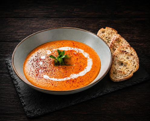 PLATING UP:  Bombay carrot and sweet  potato soup with sourdough