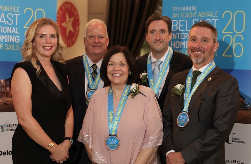 HOMECOMING HEROES: Tessa Breslin, Hon Chair of the Homecoming presented Belfast Ambassador Medals to Colin O\'Neill of Connecticut, LAOH President Sandi Swift, Jack O\'Donnell of Buffalo, NY and David O\'Brien Suetholz of Int Brotherhood of Teamsters