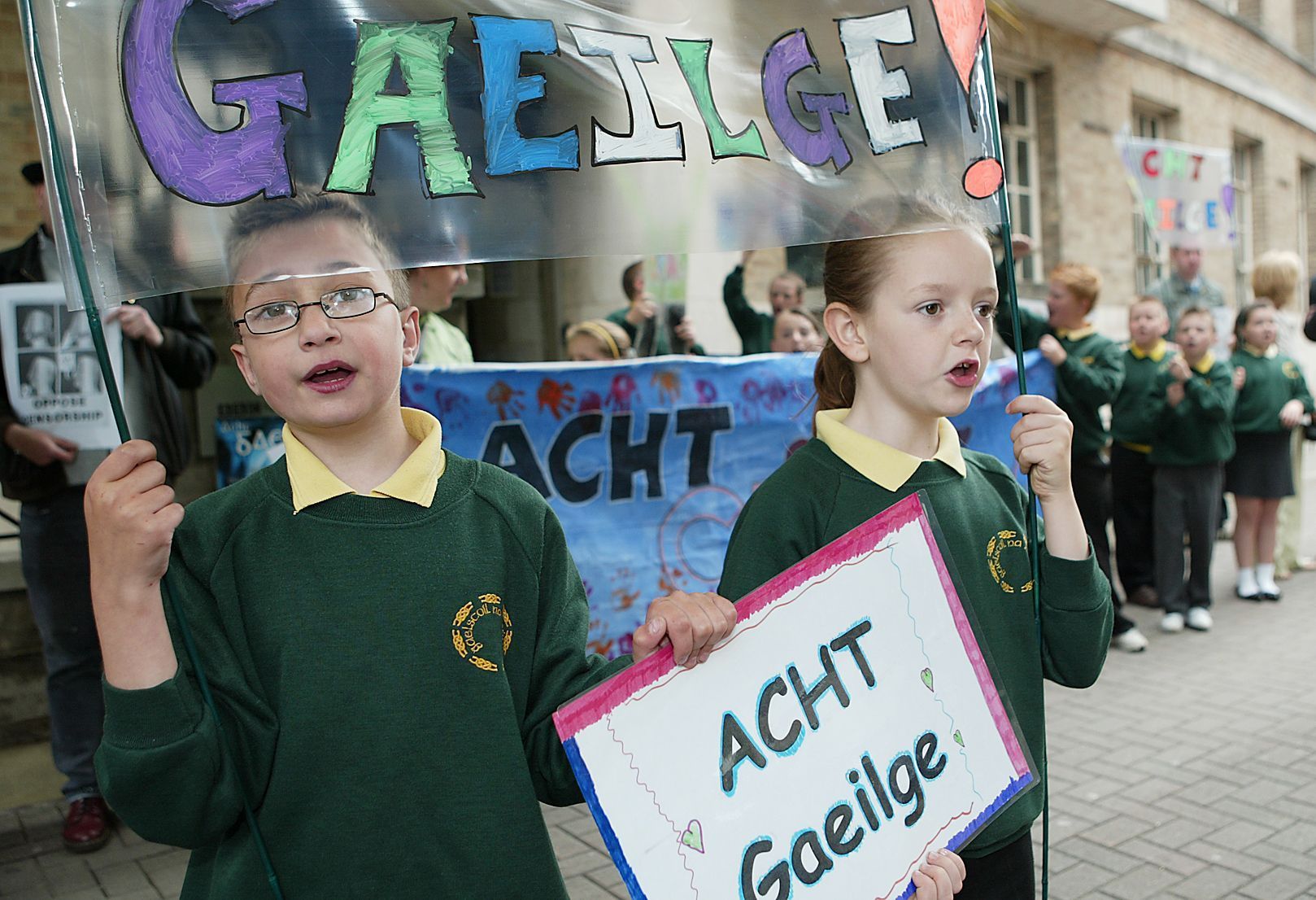 BACK TO THE FUTURE? Children protesting for Irish language rights outside the BBC Ormeau Avenue headquarters in 2005