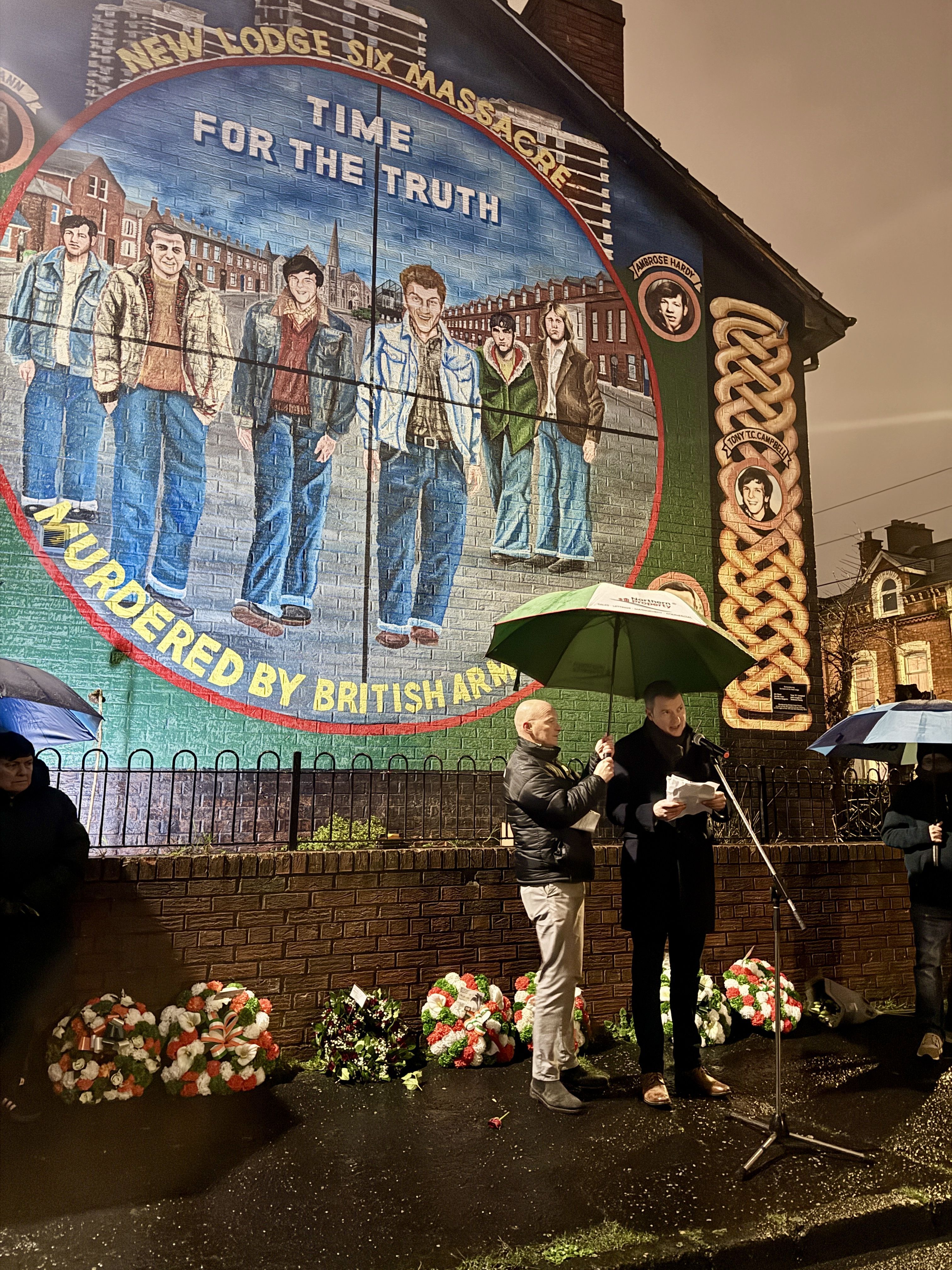 CALL FOR JUSTICE: North Belfast MP John Finucane at the New Lodge Six commemoration on Tuesday night