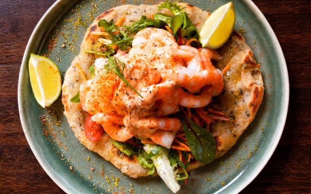 PLATING UP: Prawn and Marie Rose salad on coconut flatbread