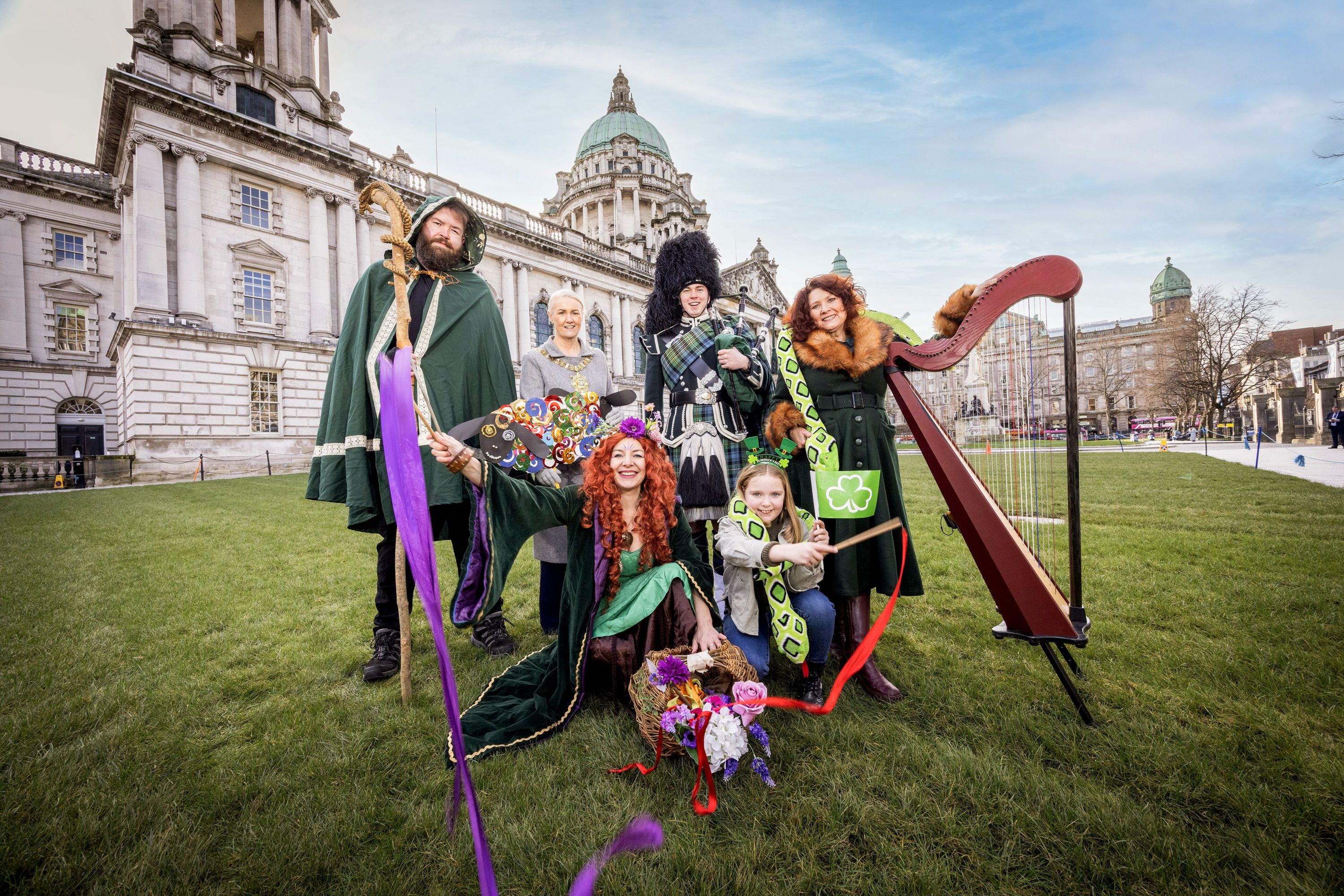 LE CHÉILE: Natasha Wilton as Mabon and Mathew Curran as St Patrick join Lord Mayor of Belfast, Councillor Tracy Kelly, piper Matthew Wilson from Campbell College Pipe Band, harpist Ursula Burns and Willow Mulholland