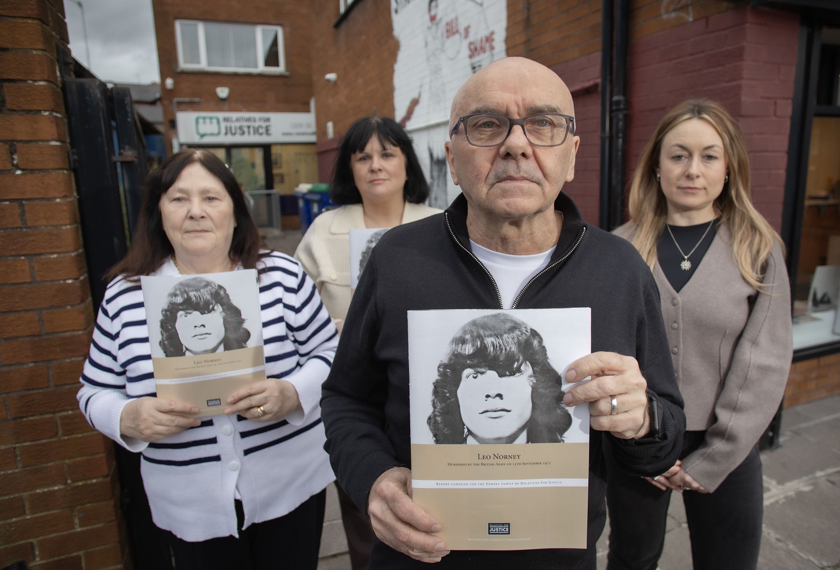 REPORT WELCOMED: Mary Norney (sister-in-law), Linda Norney (niece) with Paul Butler and Irati Oleaga from Relatives For Justice