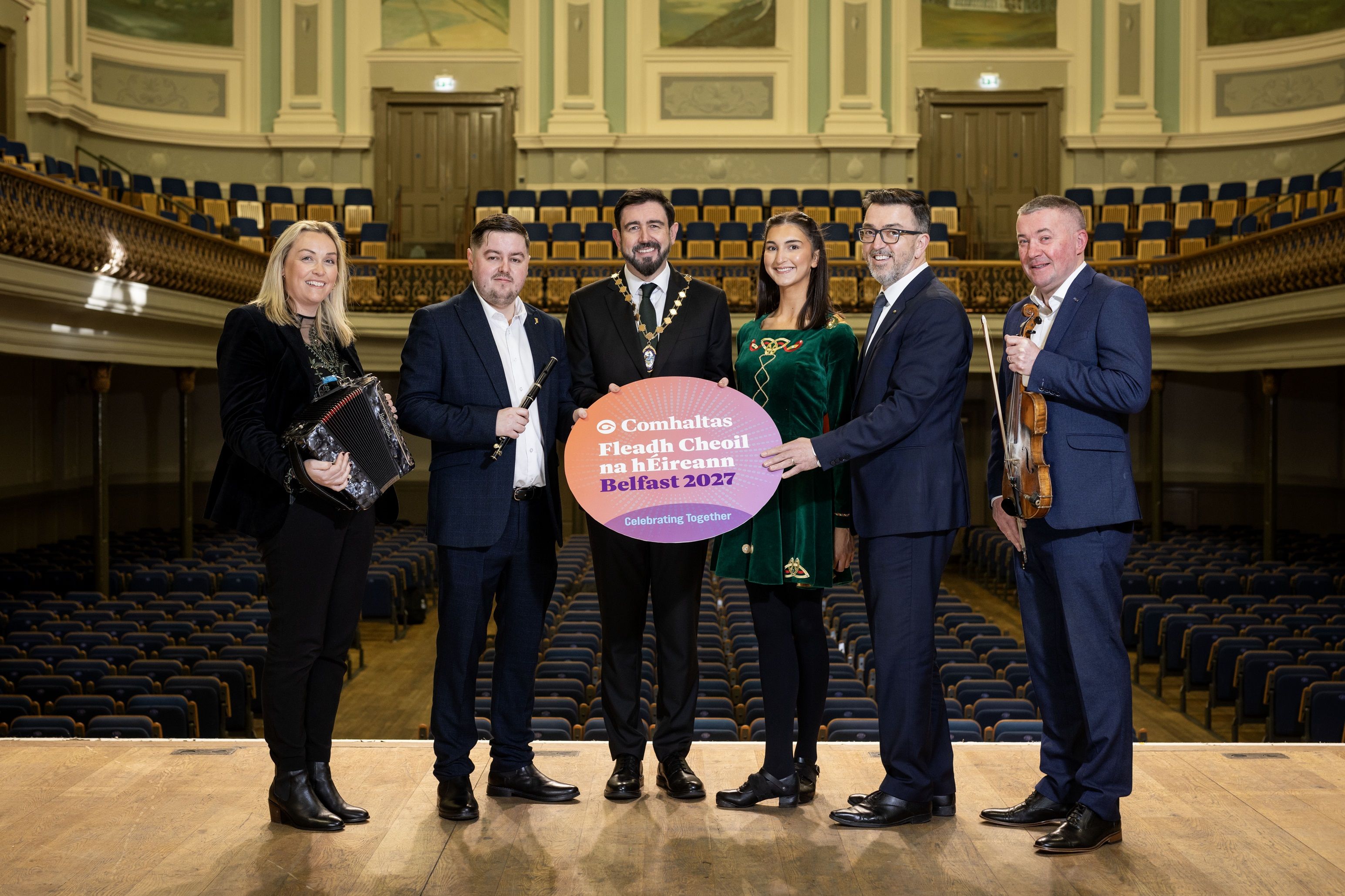 Bronagh McClean, Ards CCÉ; Darren Leighton from Belfast Bands Forum, Deputy Lord Mayor of Belfast, Councillor Paul Doherty, Olivia Reid from Ards CCÉ, Brendan McAleer from Comhaltas Ceoltóirí Éireann and Niall McClean, Ards CCÉ