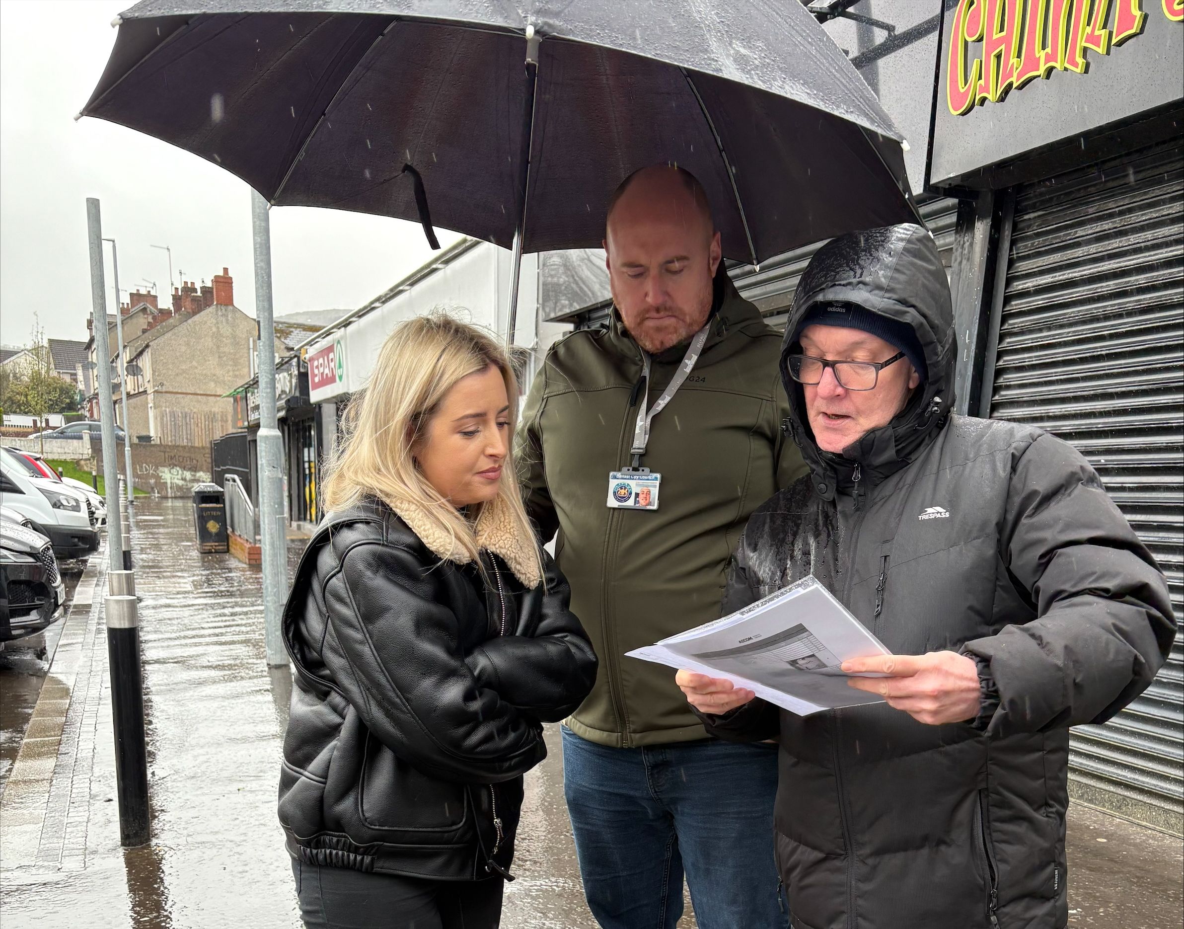 SITE MEETING: West Belfast MLA Órlaithí Flynn met with officials at Woodbourne shops