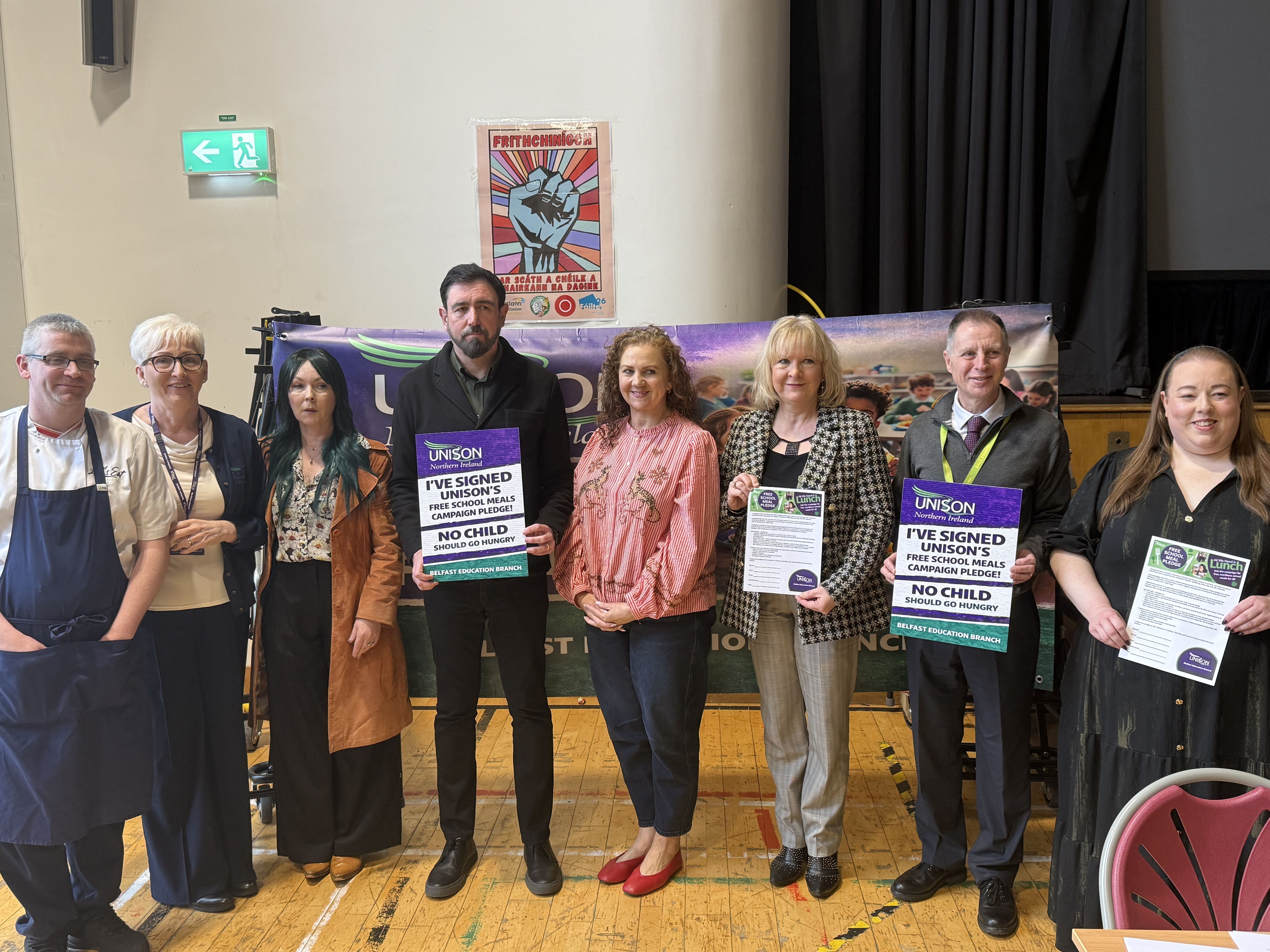 CAMPAIGN: Some of those involved in the panel discussion including UNISON members, Paul Doherty from Foodstock charity and Coláiste Feirste Principal Micheál Mac Giolla Ghunna