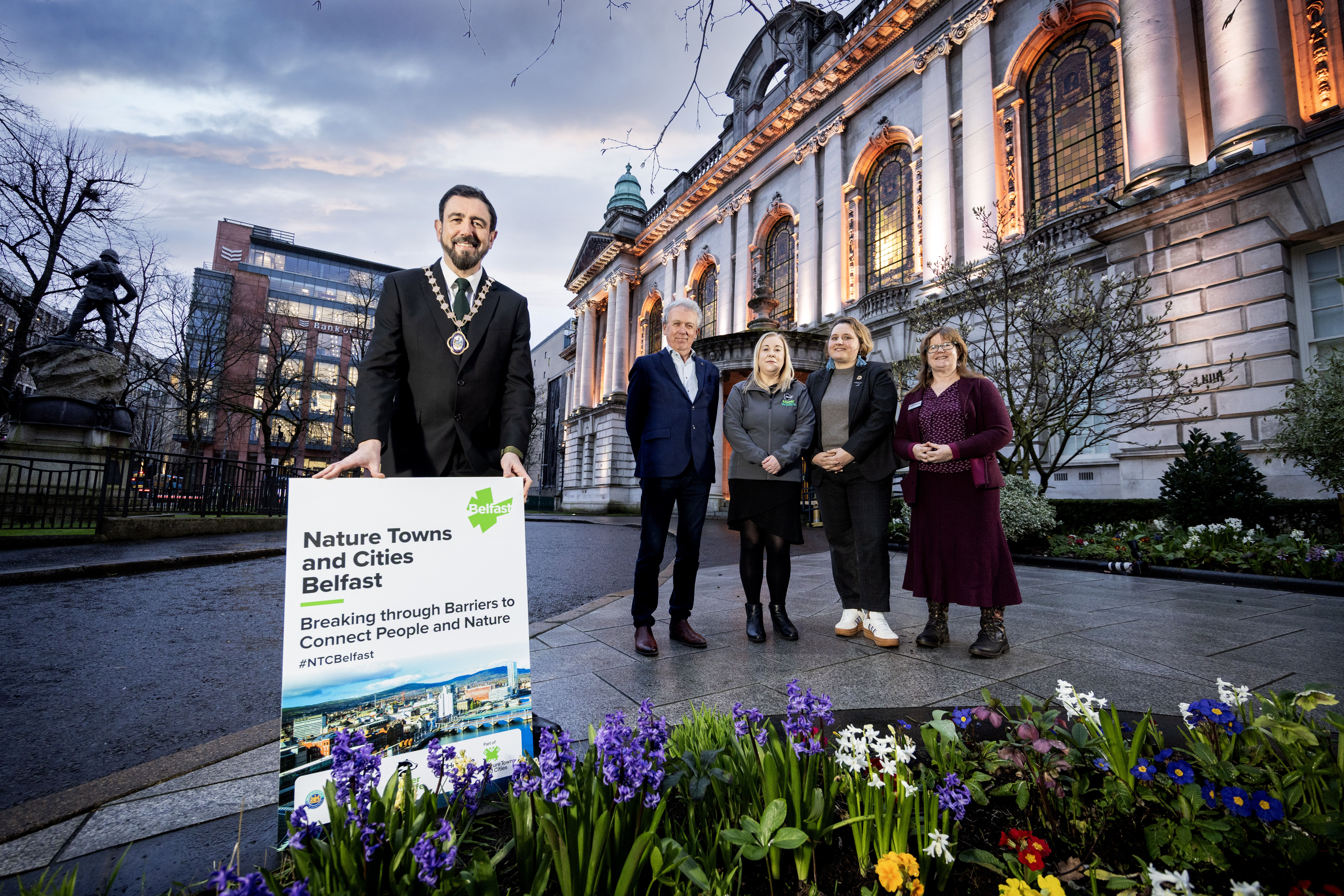 Deputy Lord Mayor, Councillor Paul Doherty; Paul Mullan, NI Director The National Lottery Heritage Fund; Dawn Miskelly, CEO Ulster Wildlife; and Victoria Bradford-Keegan, Programme Director Nature Towns and Cities, National Trust,  Maia Taylor, NIEA