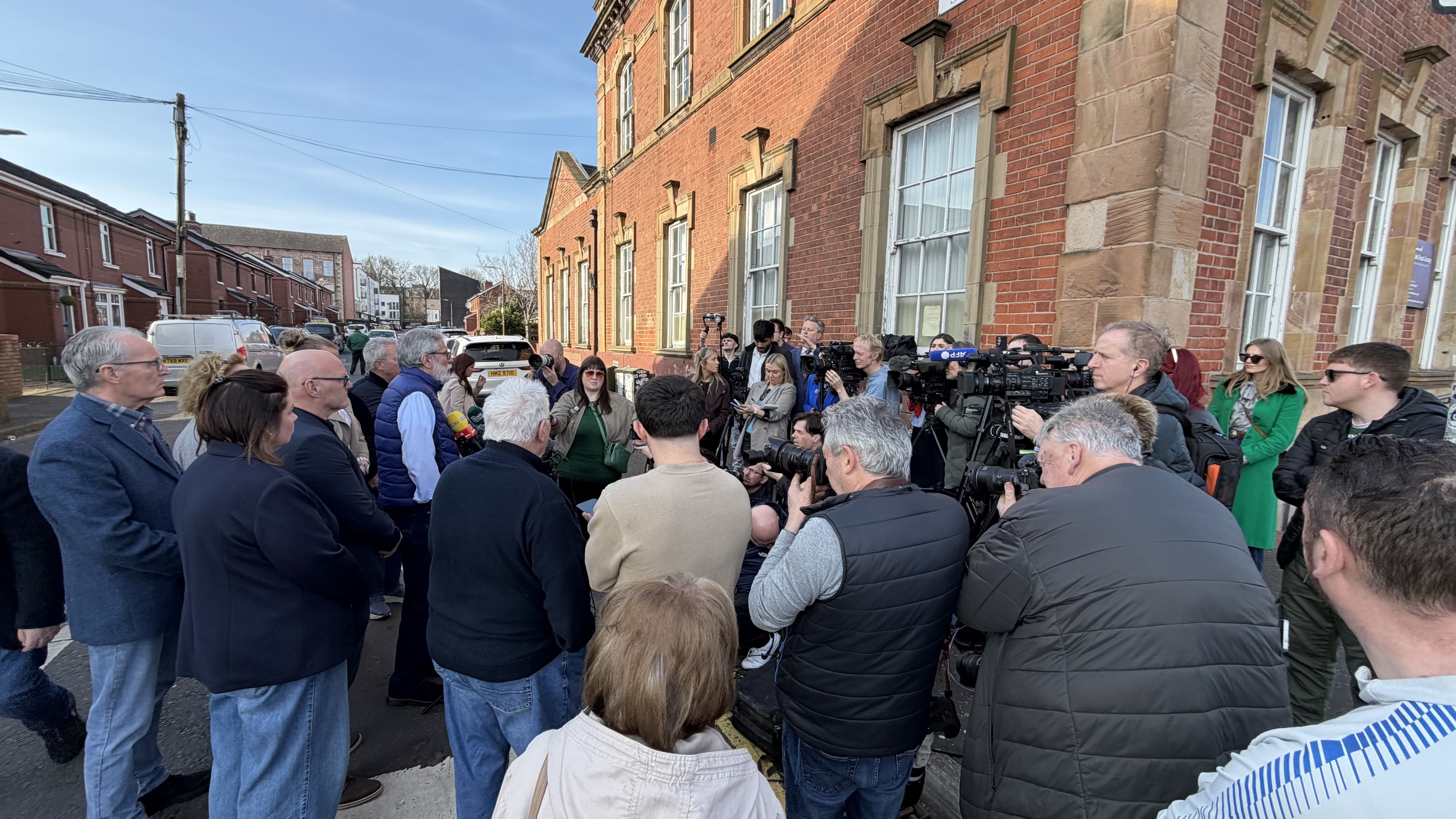 DONE AND DUSTED: Gerry Adams addresses a Falls Road press conference after the collapse of the civil trial