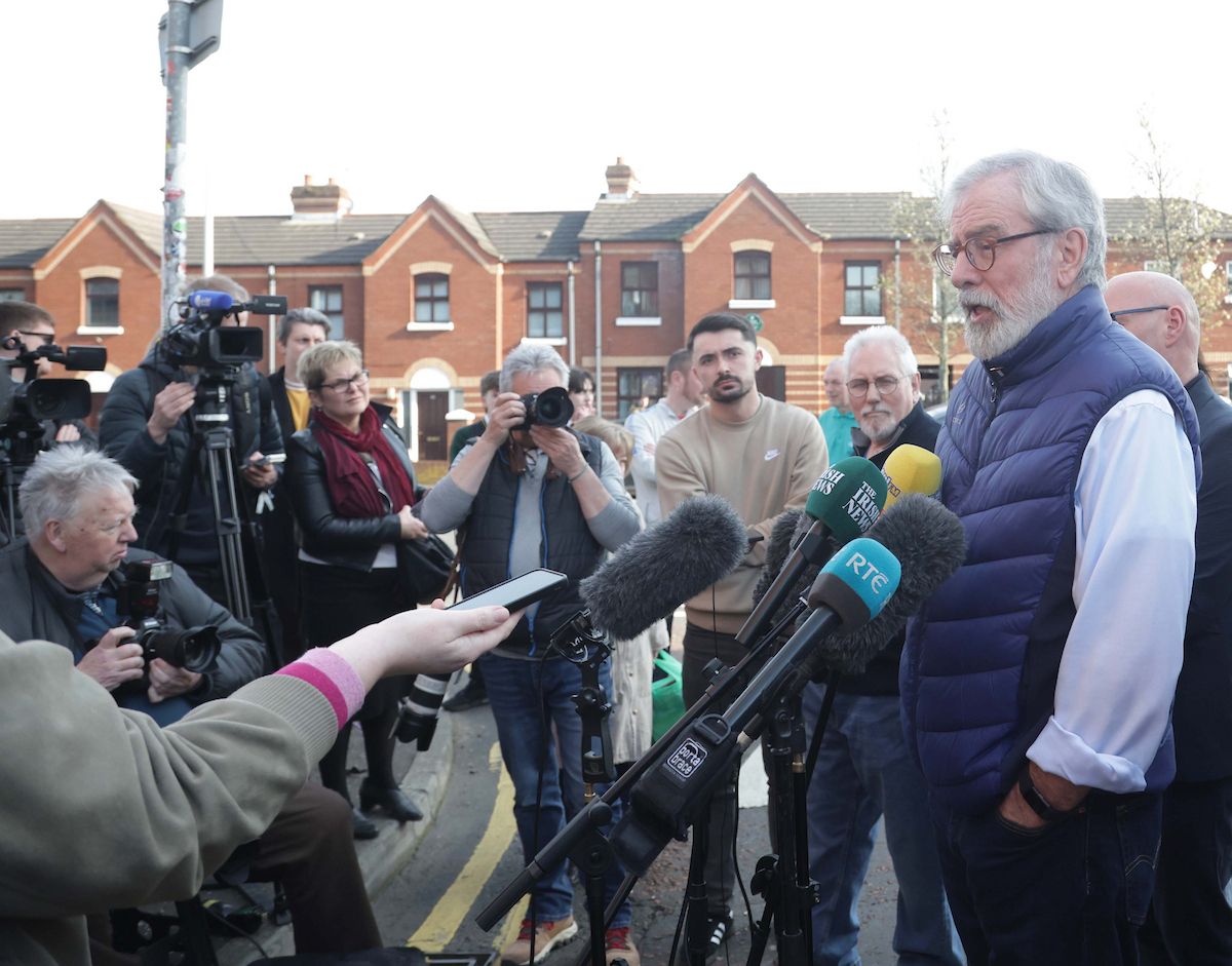 END OF THE ROAD: Gerry Adams with Sinn Féin colleagues at Sevastopol Street after the civil action against him in London was dropped by the claimants
